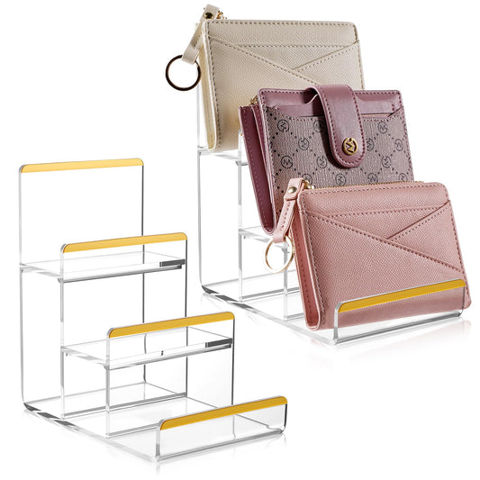 Jolboldy 2 Pack 3-Tier Wallet Display Stands, Acrylic Purse Display Stand, 4MM Thick Clear Clutch Holder Riser, 2" Spacing Counter Wallet Organizer for Sunglasses Jewelry Figures Perfume Retail Vendor