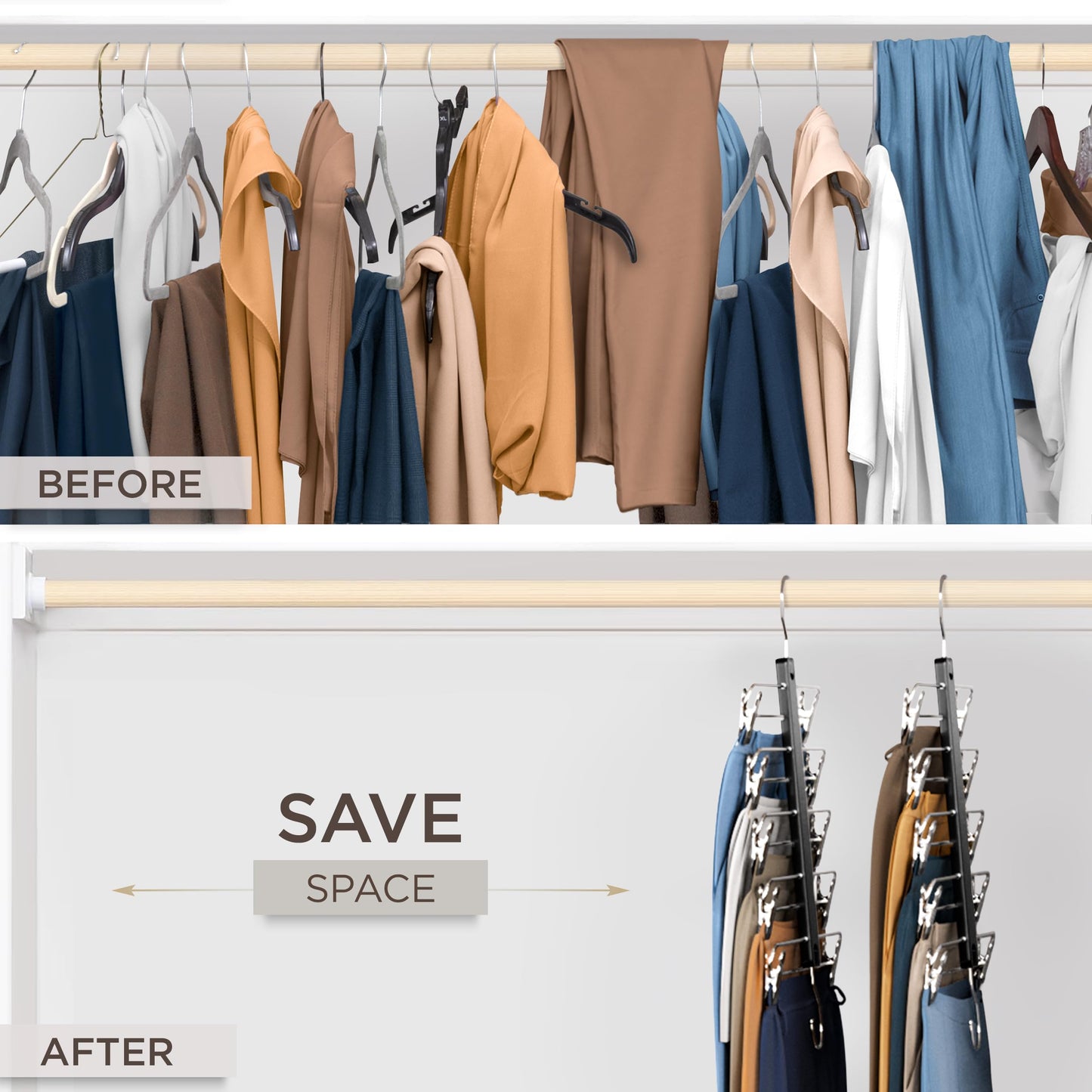MORALVE Skirt Hangers Space Saving with Clips - 2 Pack - European Beechwood 5-Tier Hanger for Shorts, Skirts, and Pants - Closet Organizer and Storage Solution for Women with 360° Swivel Hook