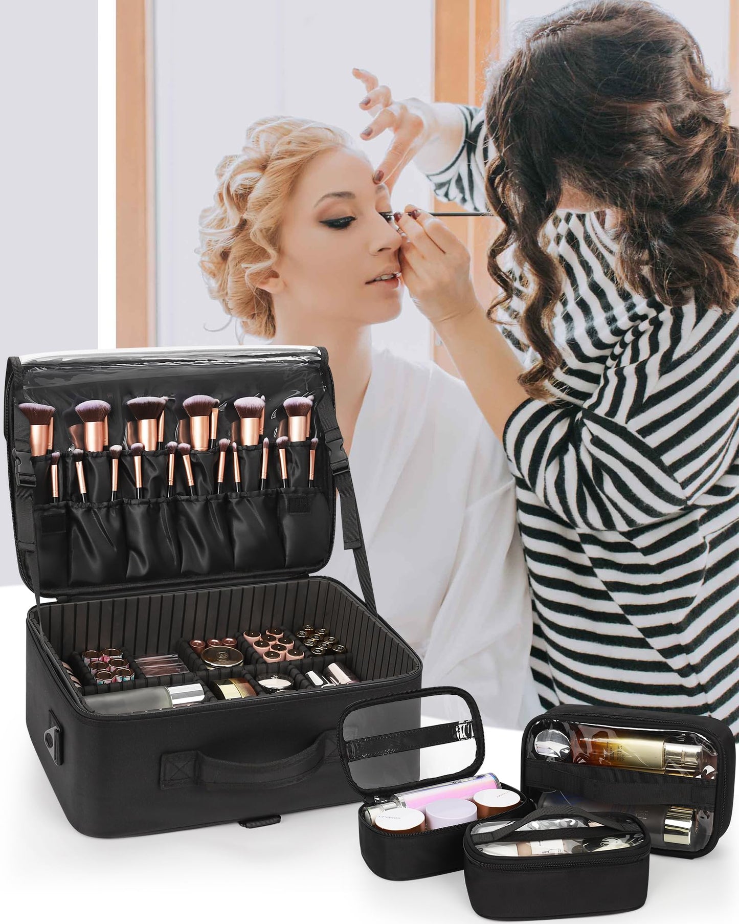 Relavel Large Makeup Bag with 3 Removable Pouches, Travel Train Case Cosmetic Organizer Carrying Box for Makeup Artists Hairstylist with Adjustable Dividers, Brush Holder and Shoulder Strap, Black