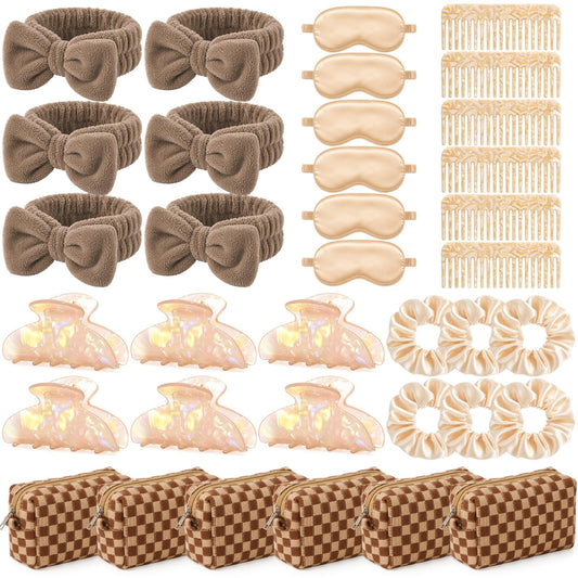 Kacctyen Champagne 36 Pcs 6 Set Bridesmaid Proposal Gift, Bridal Party Gift, Cosmetic Bag Sleep Mask Scrunchie Headband Hair Claw Clip & Comb for for Wedding Shower & Bachelorette Party Favor (Plaid)