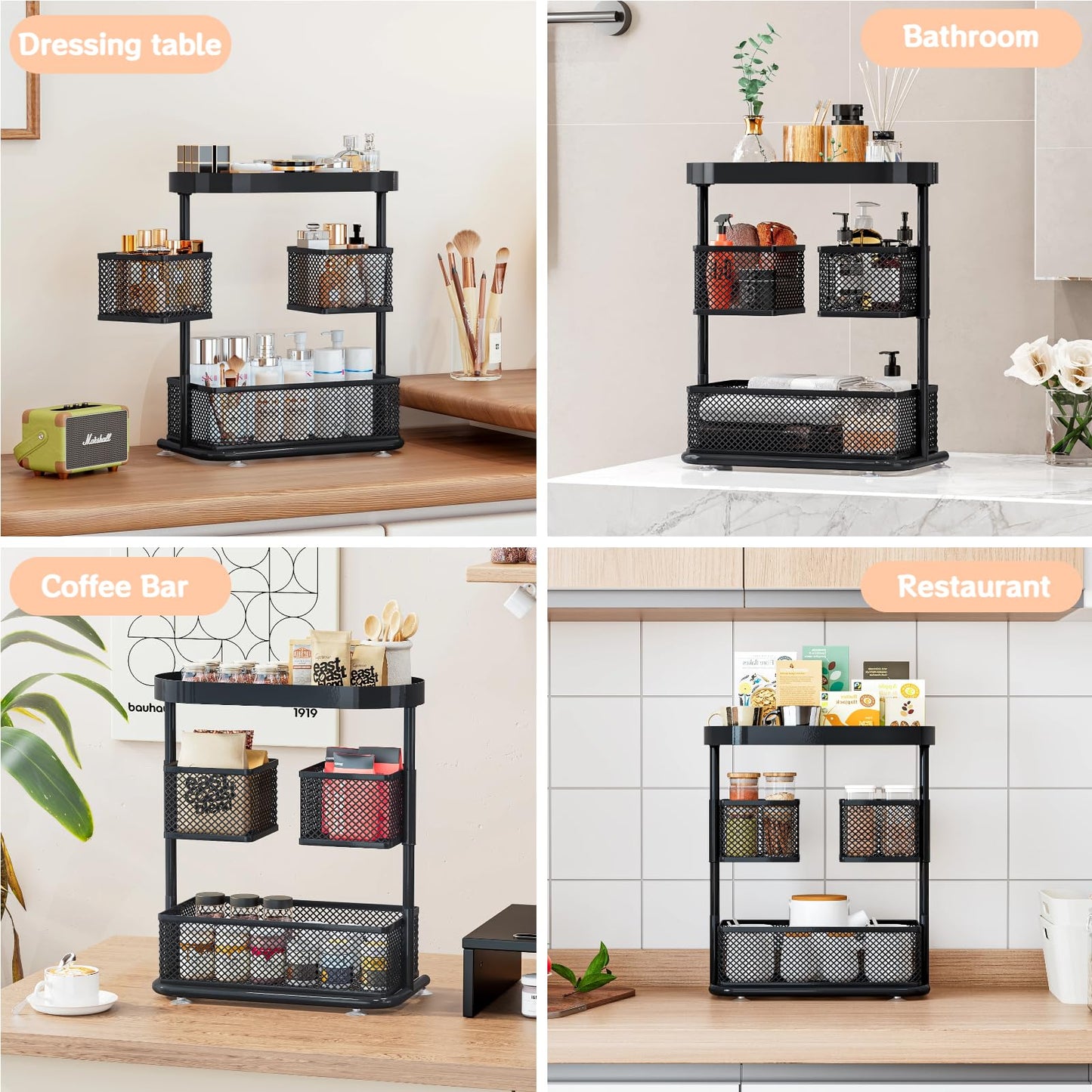 Dazioter 3-Tier Rotating Bathroom Organizer 360° Cosmetic Holder with Anti-Slip Base for Countertop, Vanity, Kitchen Spice Rack Metal Storage Shelf (Black)
