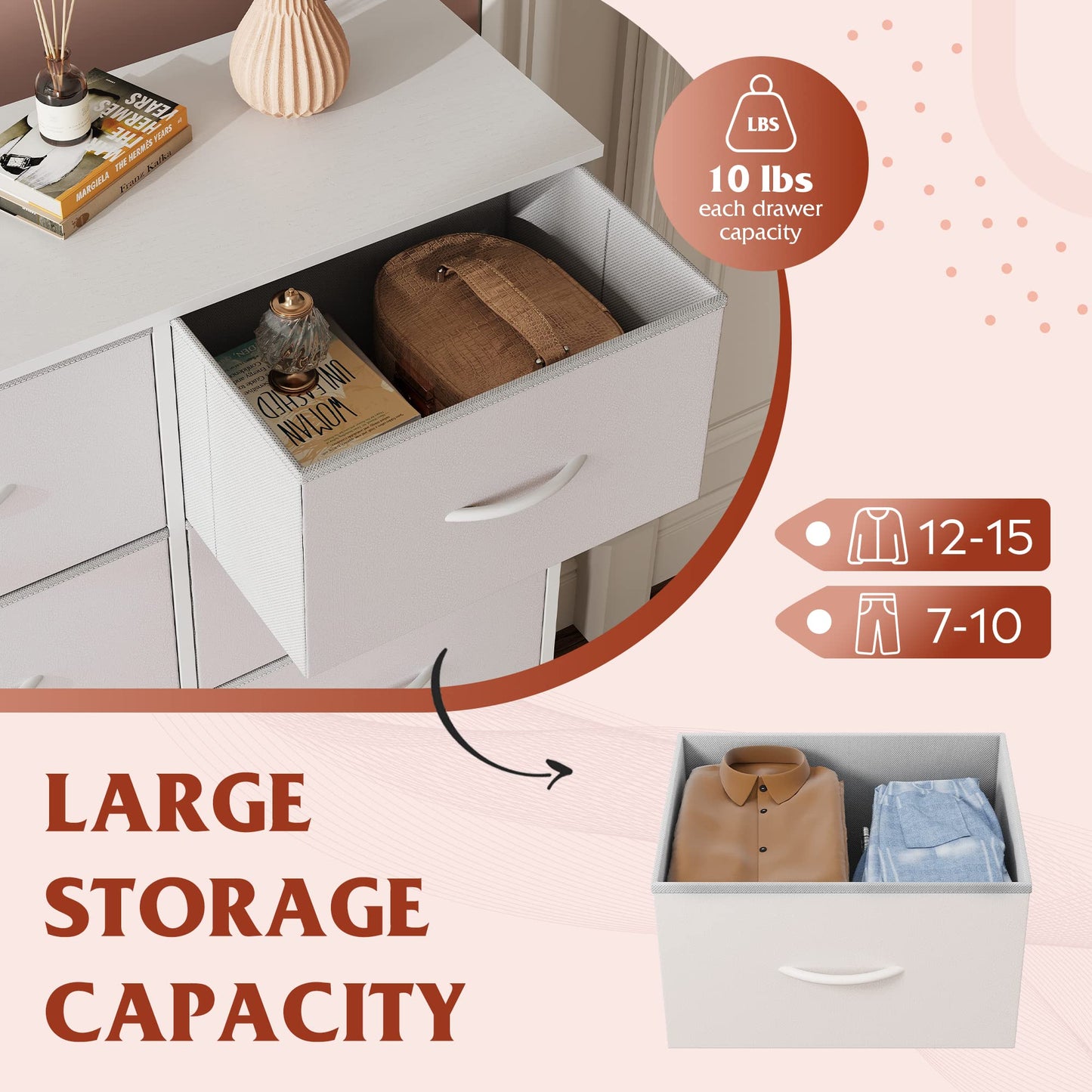 WLIVE Tall Dressers for Bedroom with 10 Fabric Drawers, Chest of Drawers, Dresser for Closet, Hallway, Living Room, Entryway, White