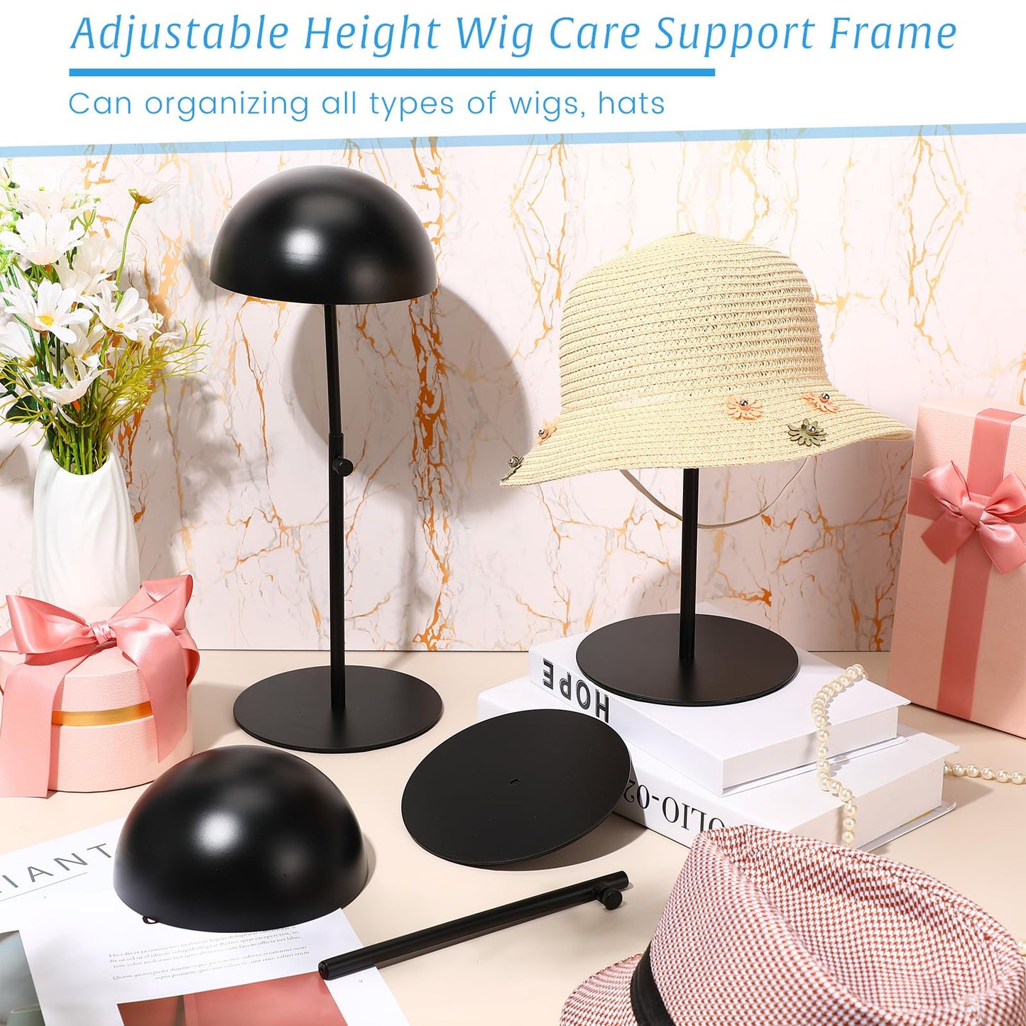 Sintuff 4 Pcs Hat Display Stand:adjustable 7.9-15.7inch Wigs Head Holder Stand Non Slip Stainless Steel Metal Rack for Multiple Hats Wig Storage Styling Practice(Black,Round Base)