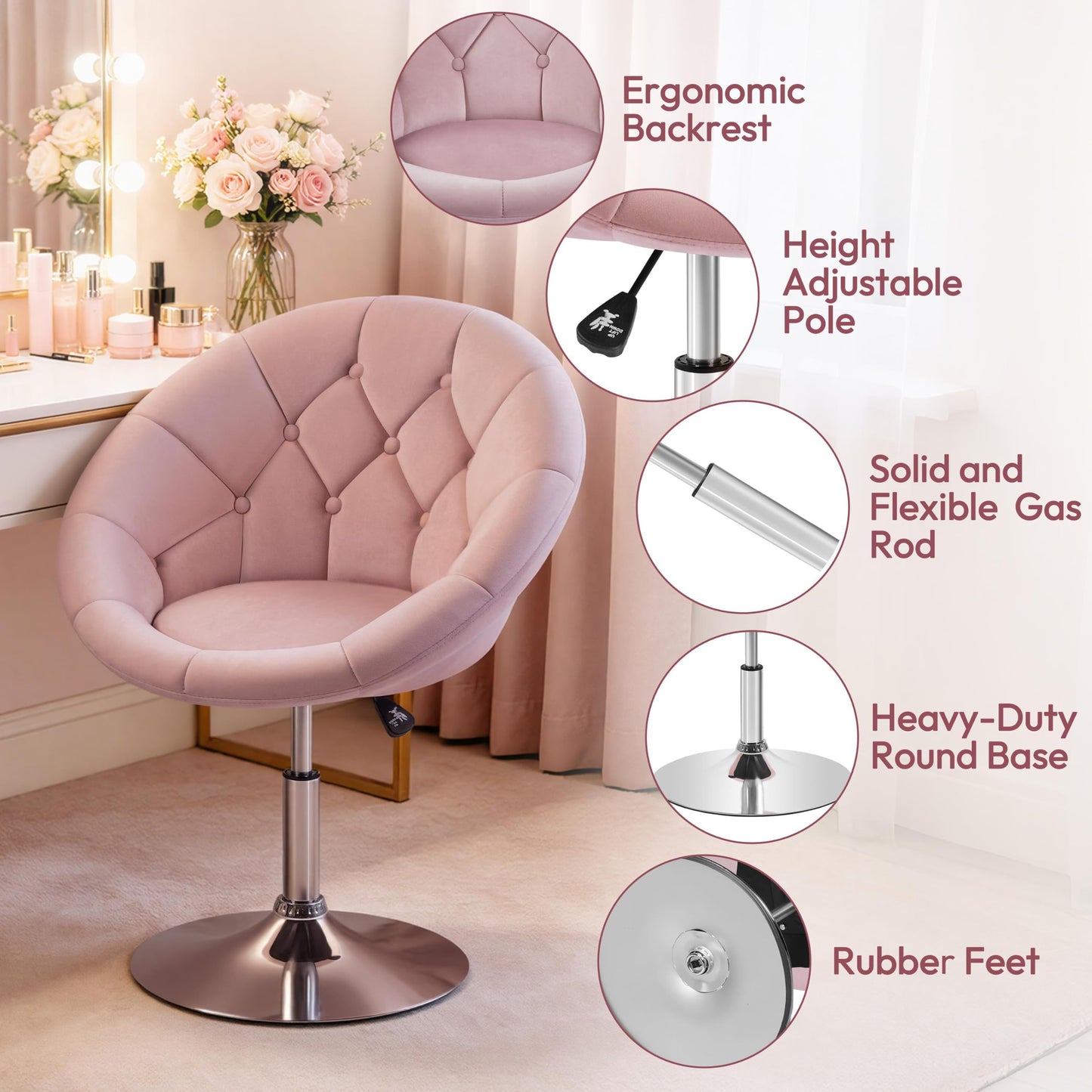 Yaheetech Pink Velvet Vanity Chair with Back, 360° Swivel & Adjustable Height, Tufted Makeup Desk Chair for Bedroom, Dressing Table & Living Room
