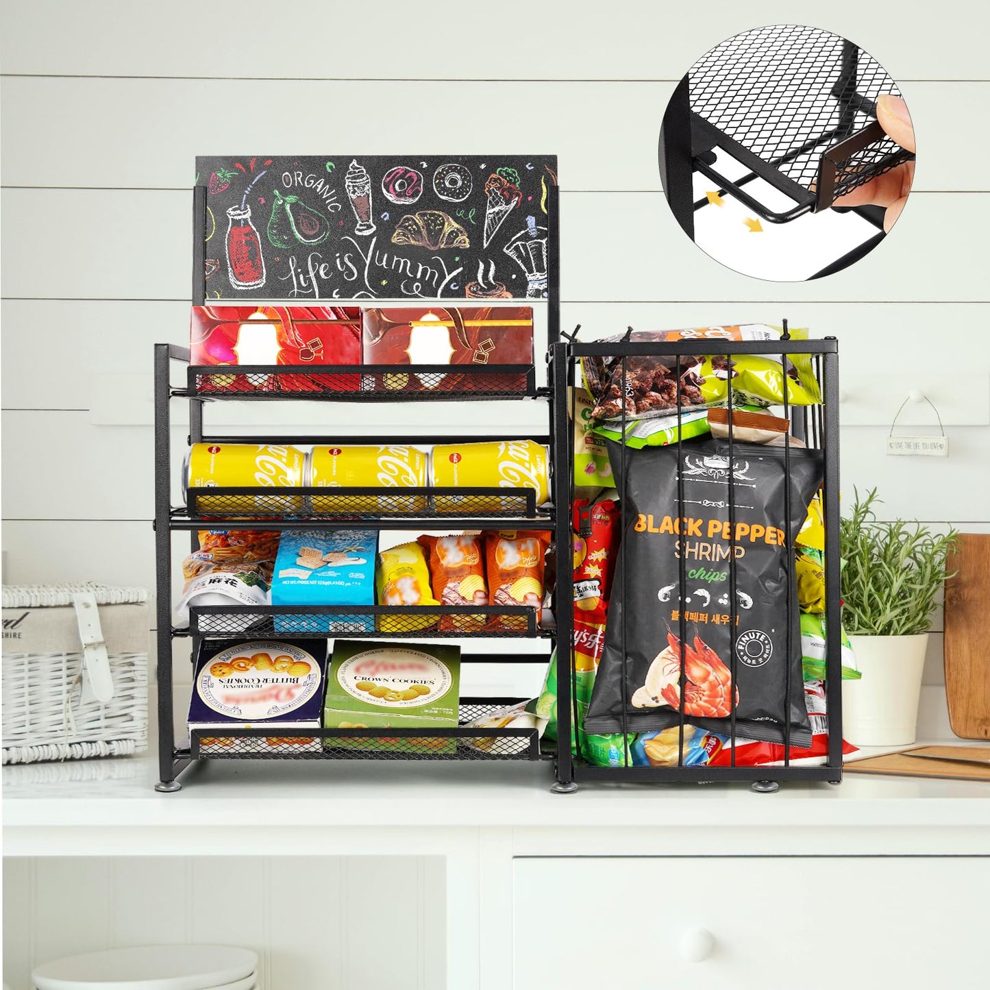 Bfttlity 4-Tier Snack Organizer for Countertop, Metal Candy Display Rack with Pull-Out Shelf, Chips Snack Display Holder for Counter with Baskets Frame for Kitchen Office Store Retail Display
