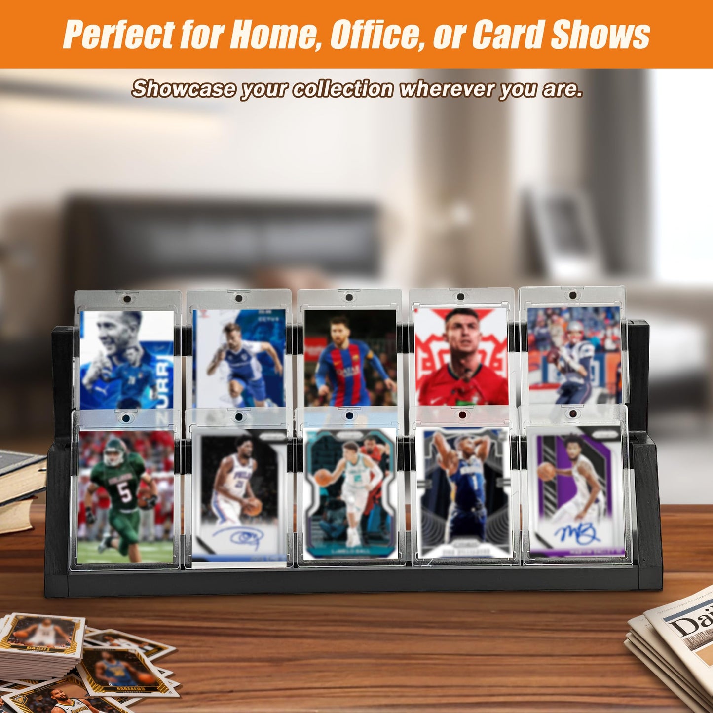 SHASHIDI 2-Tier Wooden Trading Card Display Stand - Black Display Case for Graded Sports Cards, Baseball & Basketball Card Collection Showcase(WD4017)