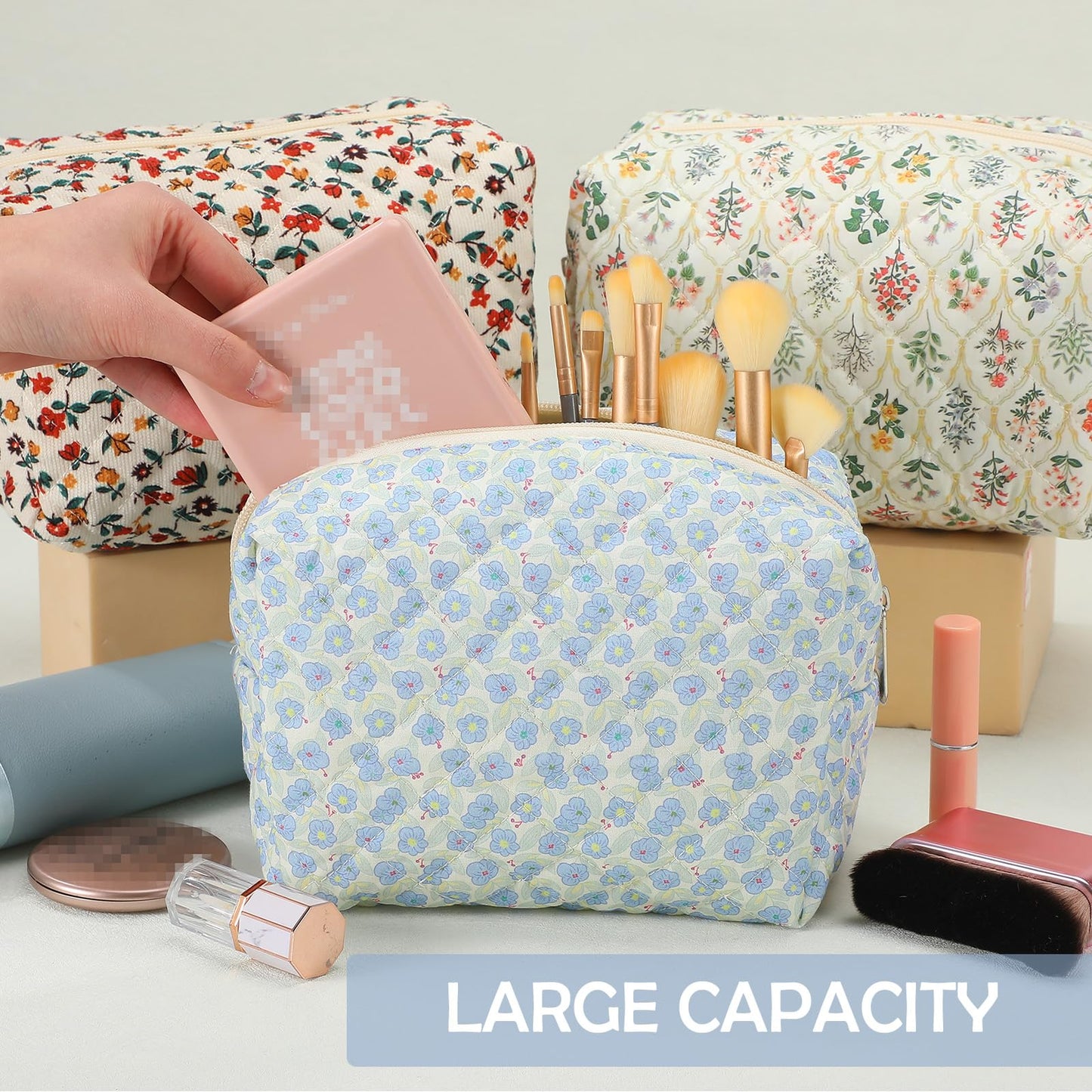 Sunnymove 6 Pcs 8 Inch Large Quilted Makeup Bag Bulk Floral Cosmetic Bag Bridesmaid Gifts Women Floral Cotton Quilted Pouch Travel Toiletry Coquette Aesthetic Makeup Organizer for Women