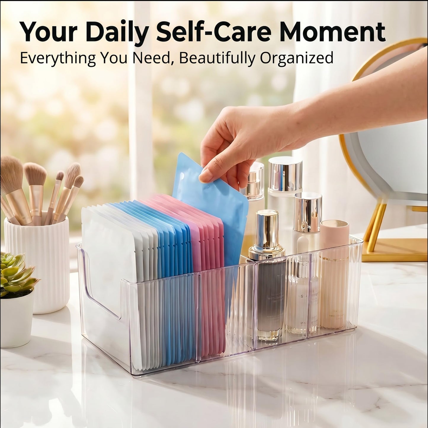 Imakmasion Skin Care Organizer & Face Mask Organizer, 4-Compartment Clear Plastic Sheet Mask Holder & Makeup Palette Storage, Vanity Bin for Bathroom, Cosmetic Organizer for Skincare & Eyeshadow