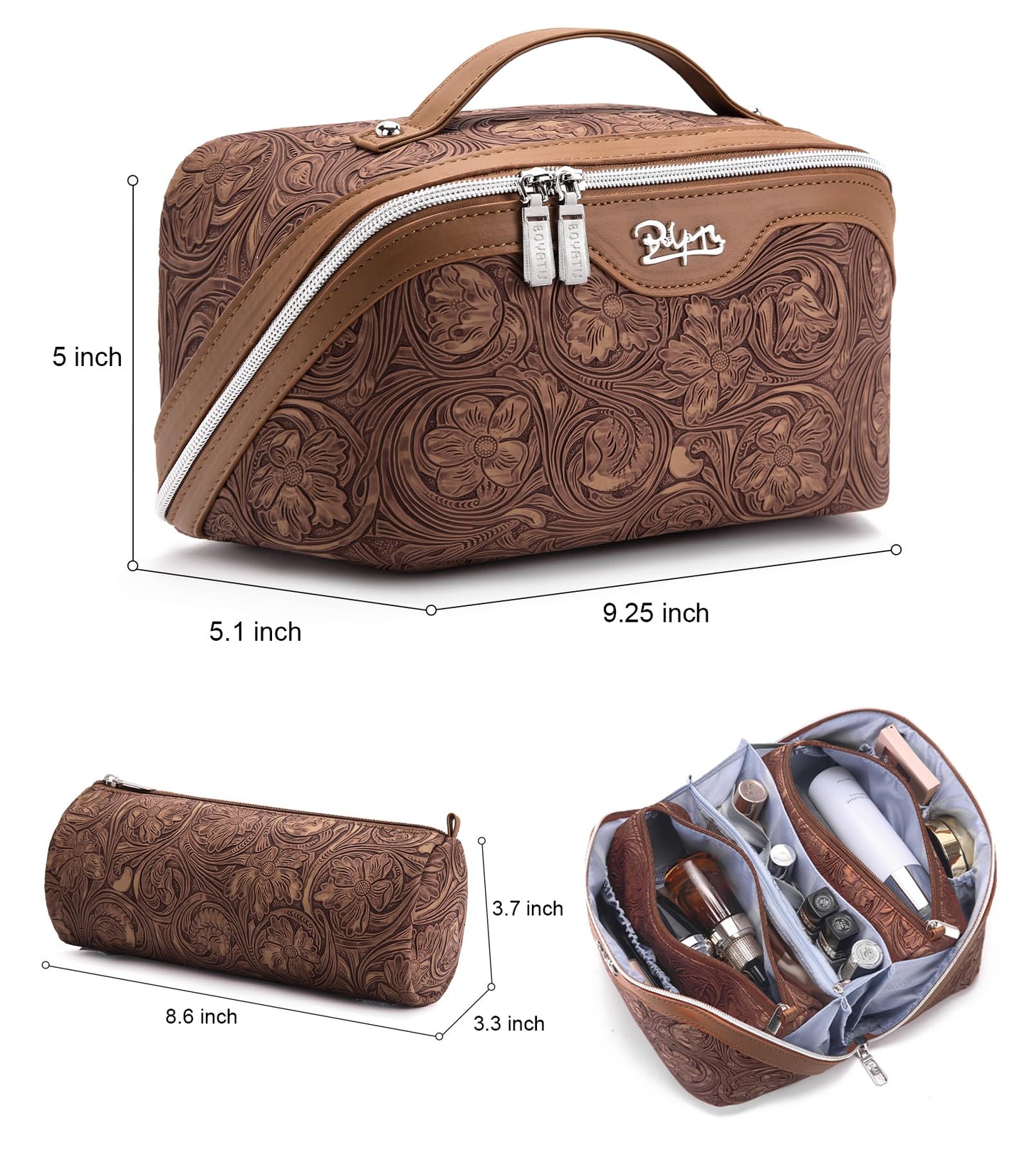 BOYATU Travel Makeup Bags Cosmetic Organizer Bag: 3 Pcs Set Large Capacity Floral Make up Bag with Compartments - Waterproof Leather Toiletry Bags with Handle for Women (19-Brown)