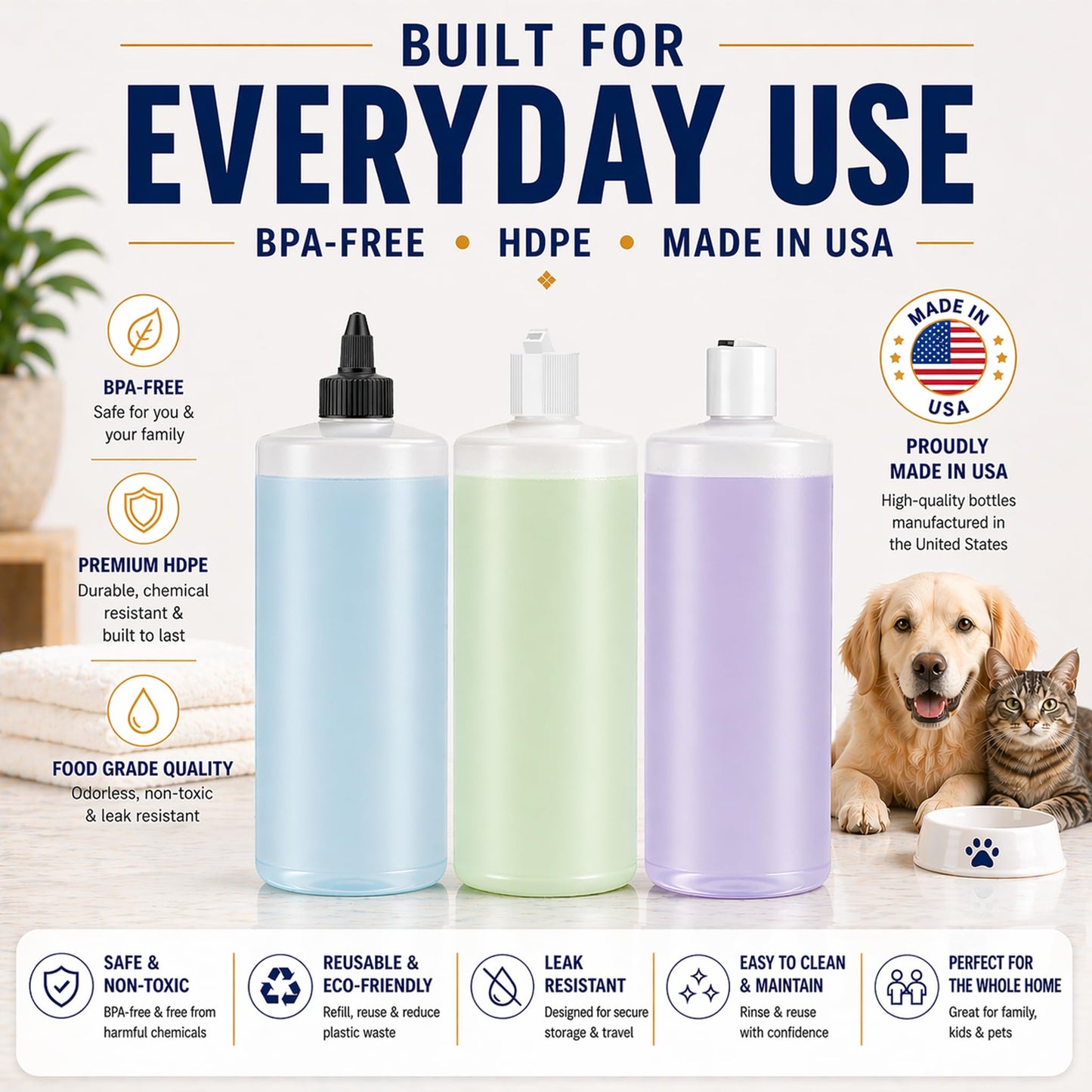 Bar5F 33.8oz 3-Pack Large HDPE Plastic Bottles with 9 Caps in 3 Styles | Pump, Squeeze, Squirt | Shampoo, Conditioner, Condiments, Ketchup, Bleach, Cleaners, Alcohol, Food Safe | BPA-Free, 1 Liter