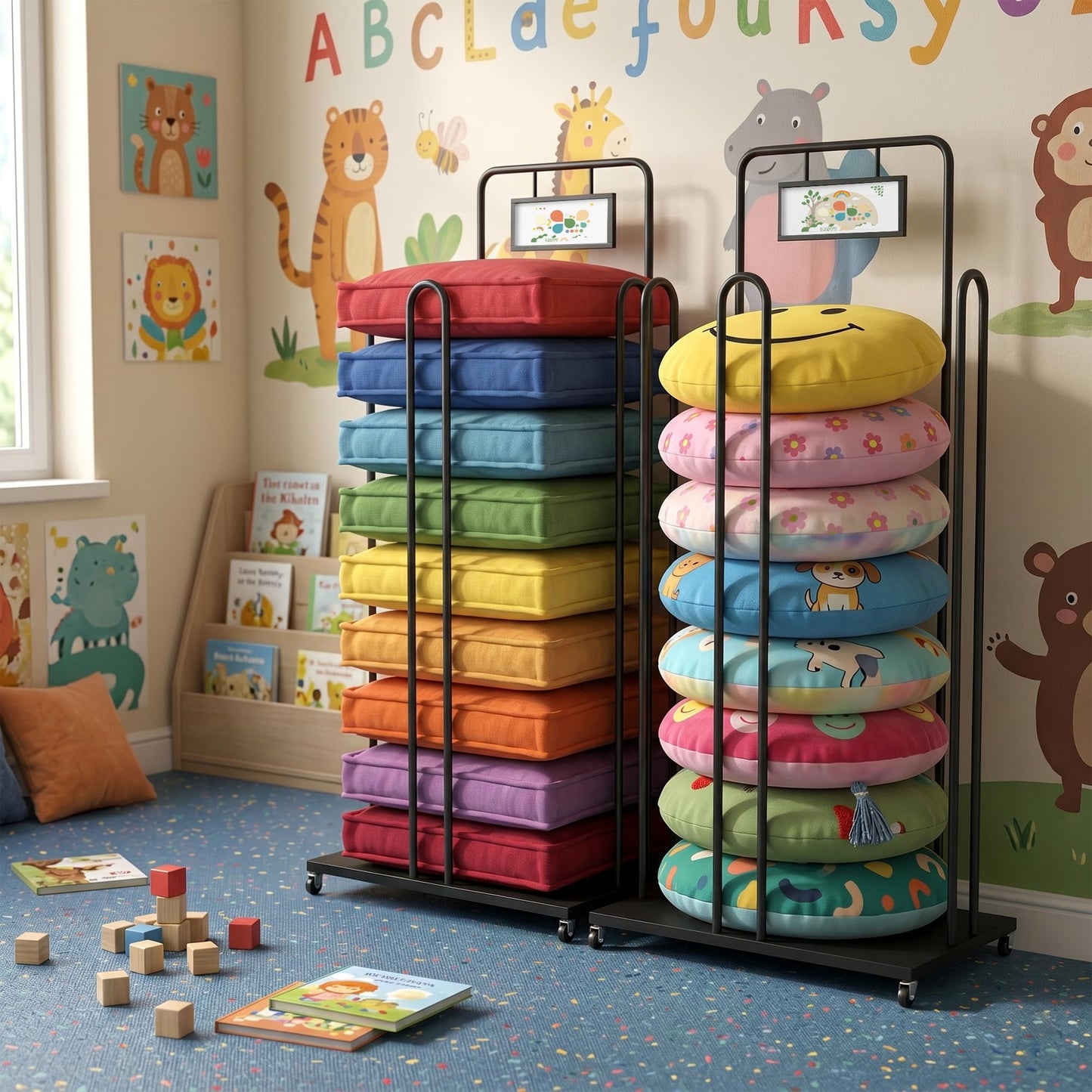 Rolling Pillow Storage Rack, Pillow Display Stand with Sign Holder, Metal Pillow Holder, Commercial Throw Pillow Rack, Cushion and Pillow Tower Storage Stand for Home, Retail, Malls, Hotels, Schools