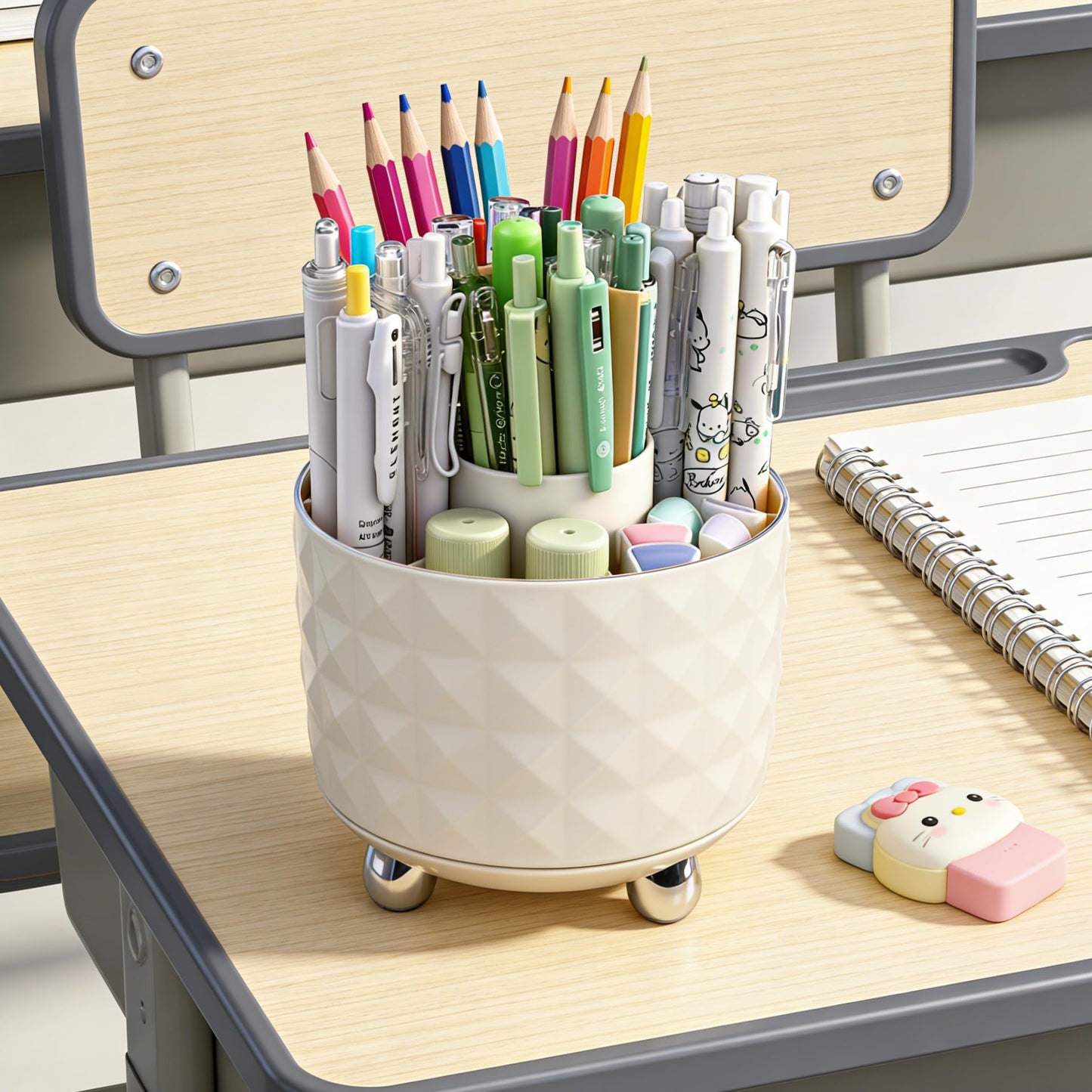 GOTOBA 360° Rotating Pencil Holder for Desk, Makeup Brush Holder with 6 Slots, Desk Organizer for Writing Utensil, Office and School Supplies (Milky White)
