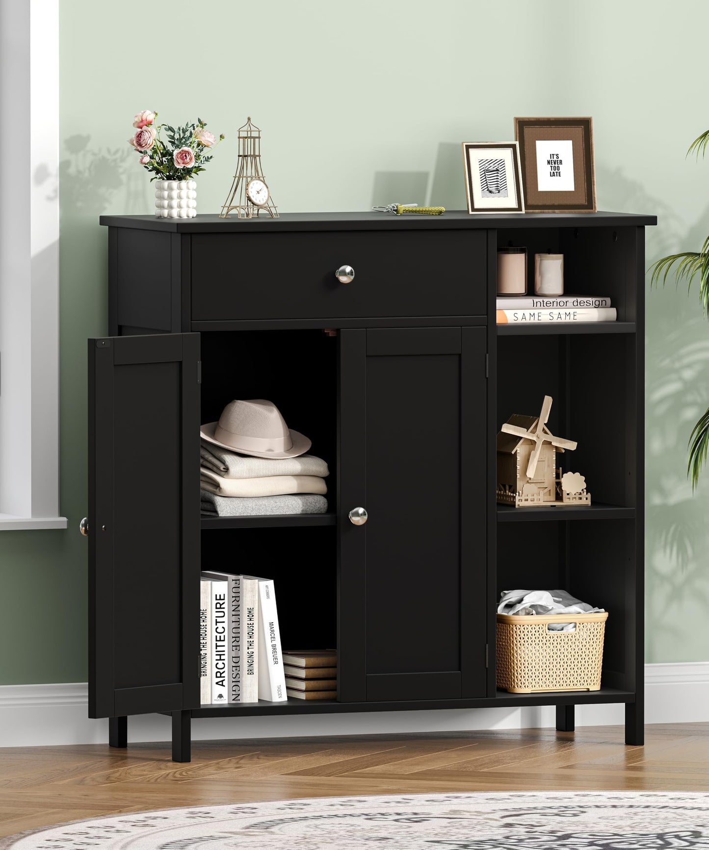 Keehusux Black Bathroom Floor Cabinet with Large Drawer, Floor Storage Cabinet with Doors & Adjustable Shelves, Modern Storage Cupboard with 3 Open Shelves for Kitchen, Living Room, Entryway