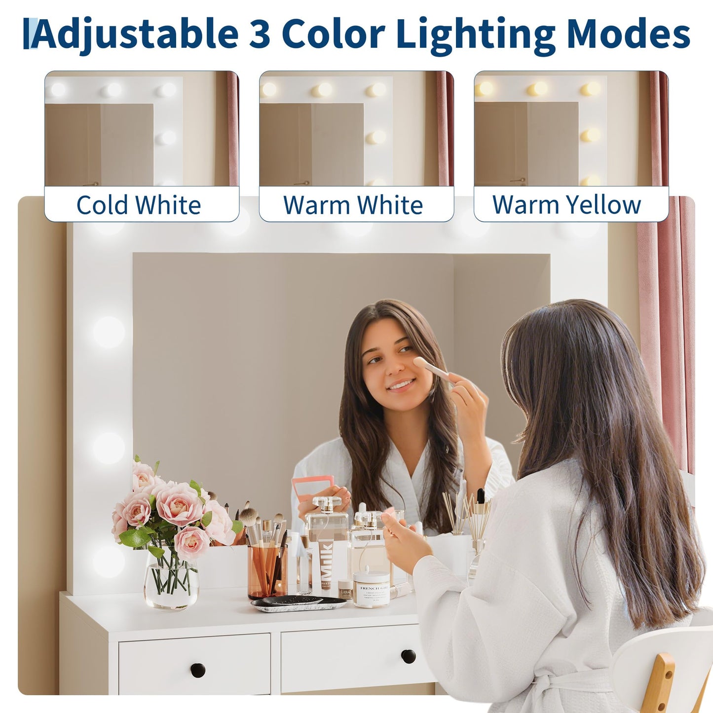Garvee Makeup Vanity w/Lights Mirror, Desk & Table w/Charger, 7 Drawers, 1 Cabinet, 3 Color Lighting Modes, Wooden Dressing Table for Bedroom, White