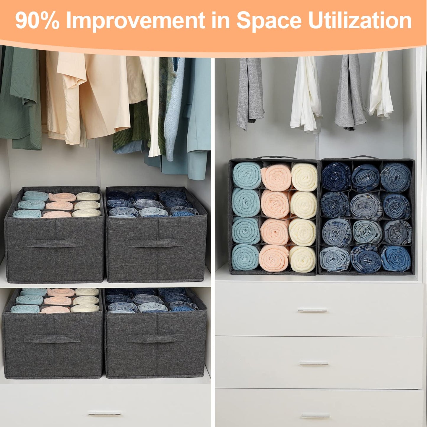 EASEVE 4Pcs Closet Organizers and Storage Bins for Clothes - 12 Cell Drawers Organizer Grid Storage Box for Jeans Pants Sweater T-shirts, Wardrobe Shelf Dividers Closets Organization