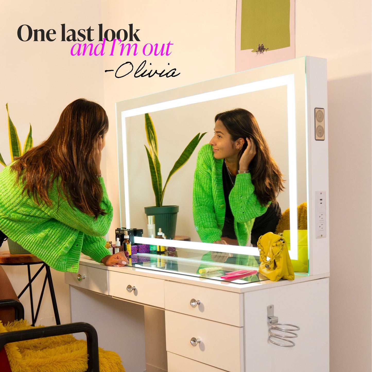 Boahaus Cleo Vanity Desk with LED Lighted Mirror – 7 Drawer Makeup Station with Integrated Power