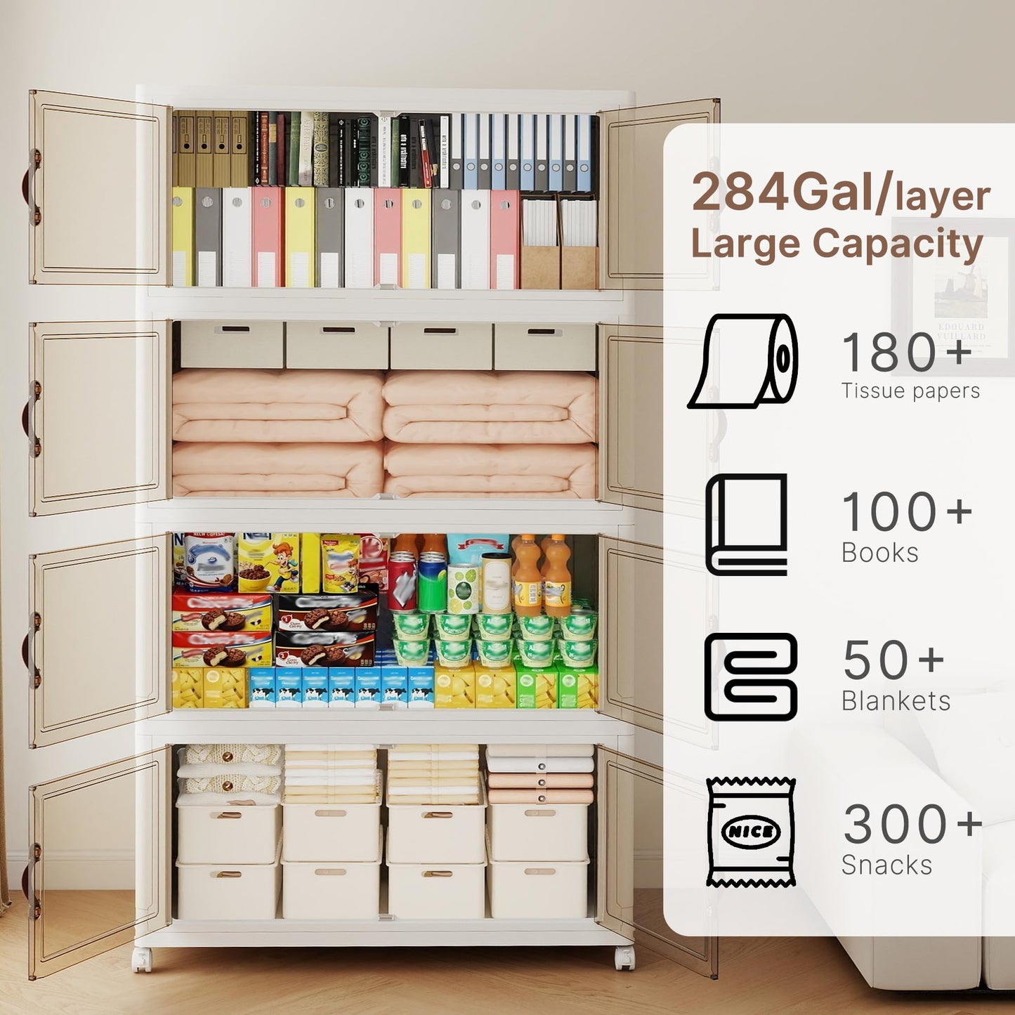 VNVTO 1136QT Extra Large Stackable Storage Bins with Lids & Wheels & Door, 284Gal Foldable Collapsible Closet Organizers, Plastic containers drawers for bedroom Dorm