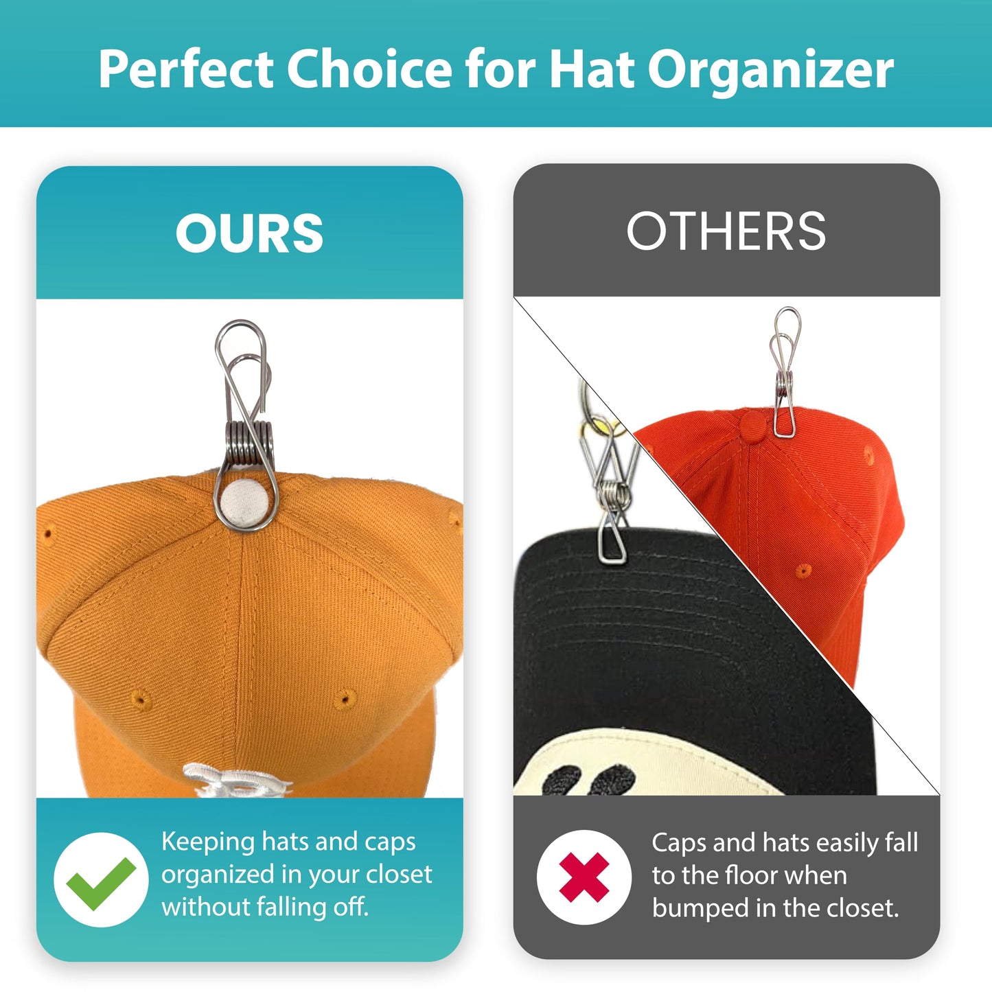 Perfect Curve Baseball Cap Hanger - Store 10 Caps with Button Clips, Silicone & Metal Construction, White, 1-Pack