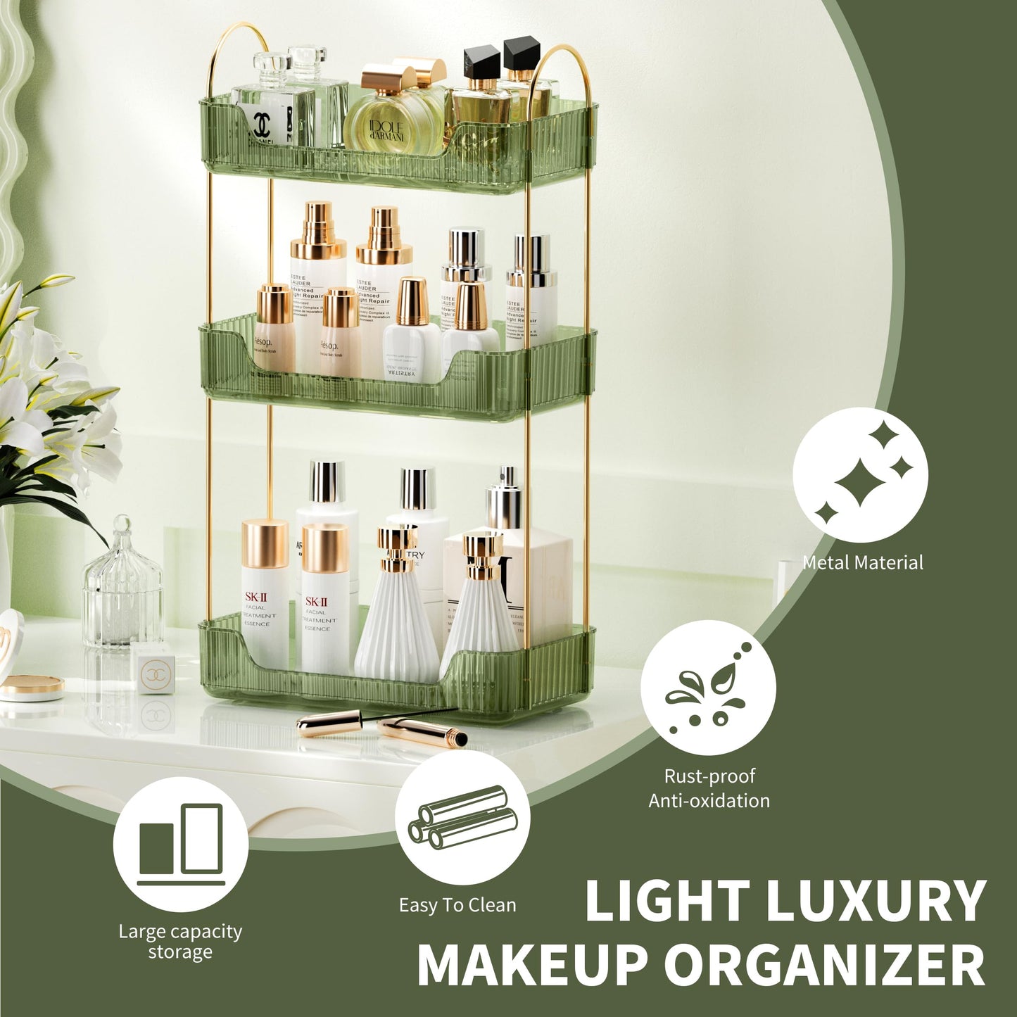 Akinbas 3 Tier Bathroom Organizer Countertop Makeup Perfume Tray Skincare Organizer for Bathroom Dresser Vanity (Green)