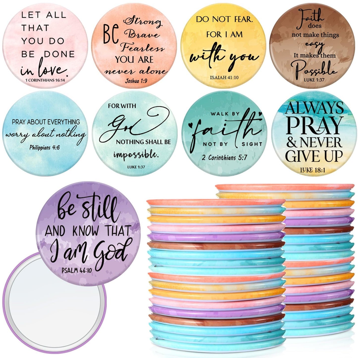 GlikCeil 36 Pcs Christian Compact Mirror Bulk for Women Inspirational Bible Verse Pocket Mirrors Mini Purse Makeup Mirror Christian Church Gift for Women VBS Church Party Favors