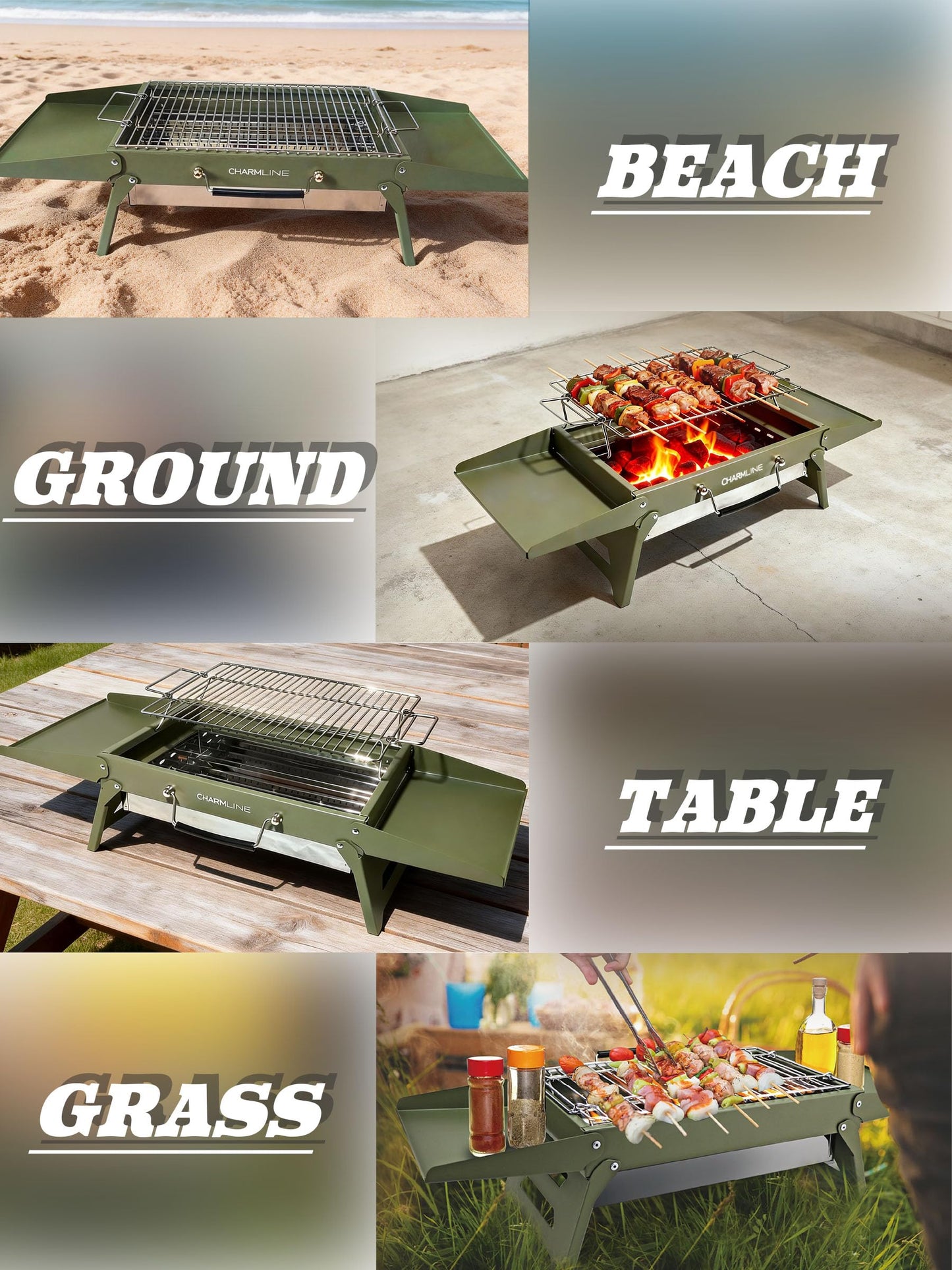Charmline 15 x 11 inches Portable Charcoal BBQ Grill, Foldable Compact Camping Barbecue for 2–4 People, Ideal for Garden, Beach, Picnic & Tabletop Use, Green
