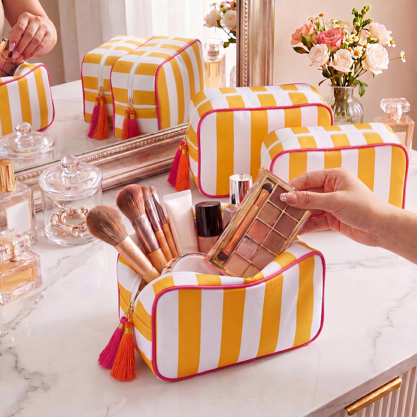 Kacctyen 6 Pack Orange and White Striped Makeup Bag bulk with Tassel Travel Cosmetic Pouch Organizer Large Zipper Toiletry Case for Women Aesthetic Storage Pouch Mahjong Tile Bag