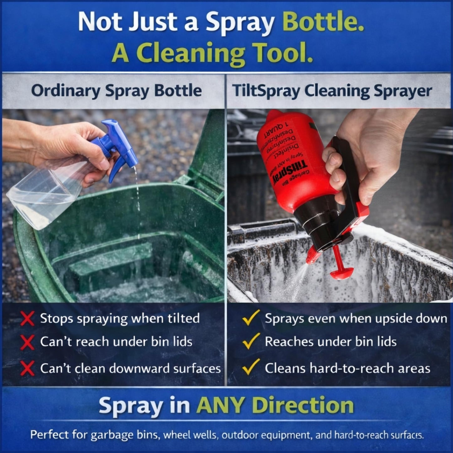 TiltSpray 32oz Spray Bottle – Sprays Upside Down & Any Angle, Heavy Duty Cleaning Sprayer for Hard-to-Reach Areas, Kitchen, Bathroom, Plants & Car Detailing – Leak Resistant, Adjustable Nozzle