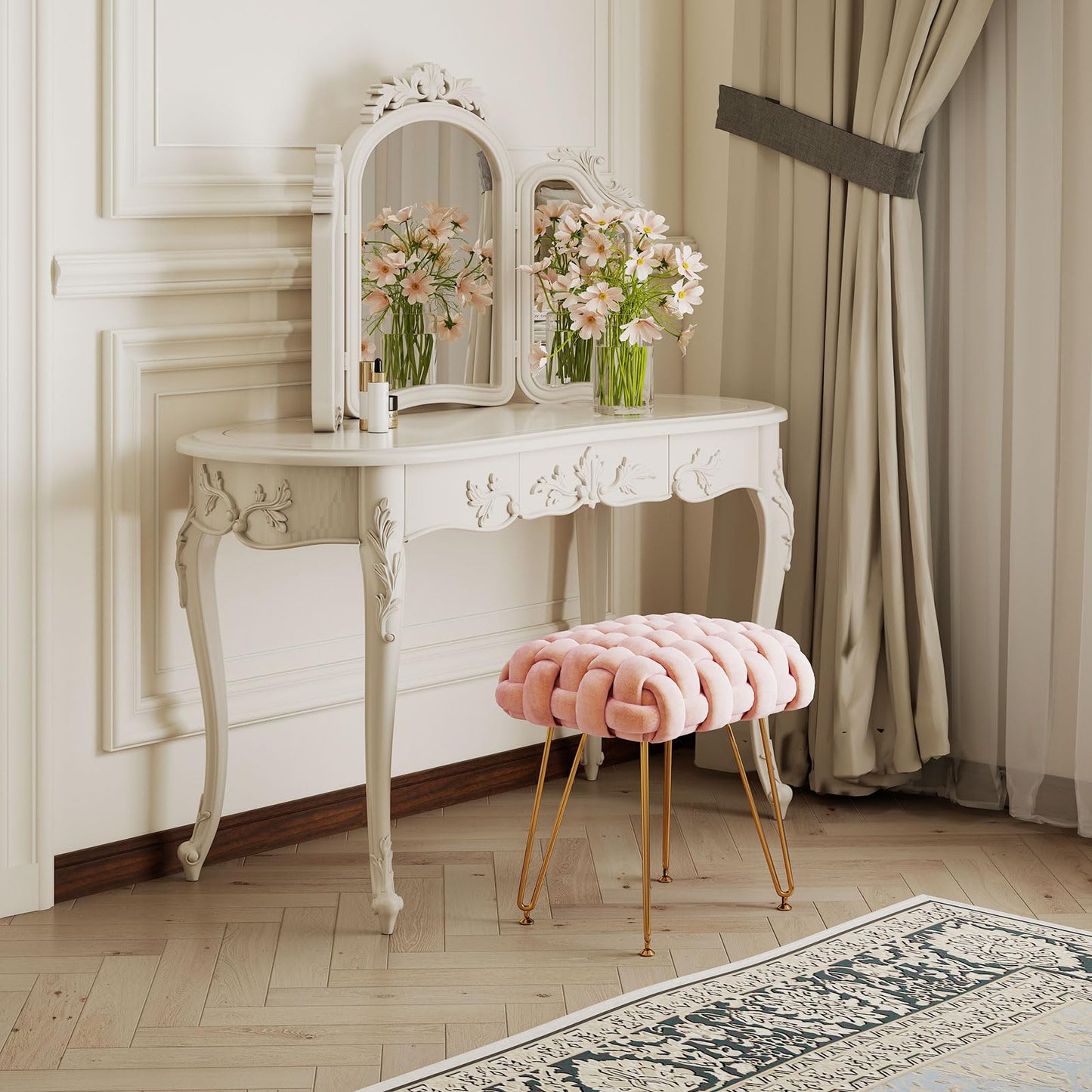 Sefulei Upholstered Velvet Vanity Stool, Hand-Woven Makeup Vanity Chair with Gold Metal Legs, Modern Foot Stool Ottoman for Living Room Bedroom, Easy Assembly (Pink)