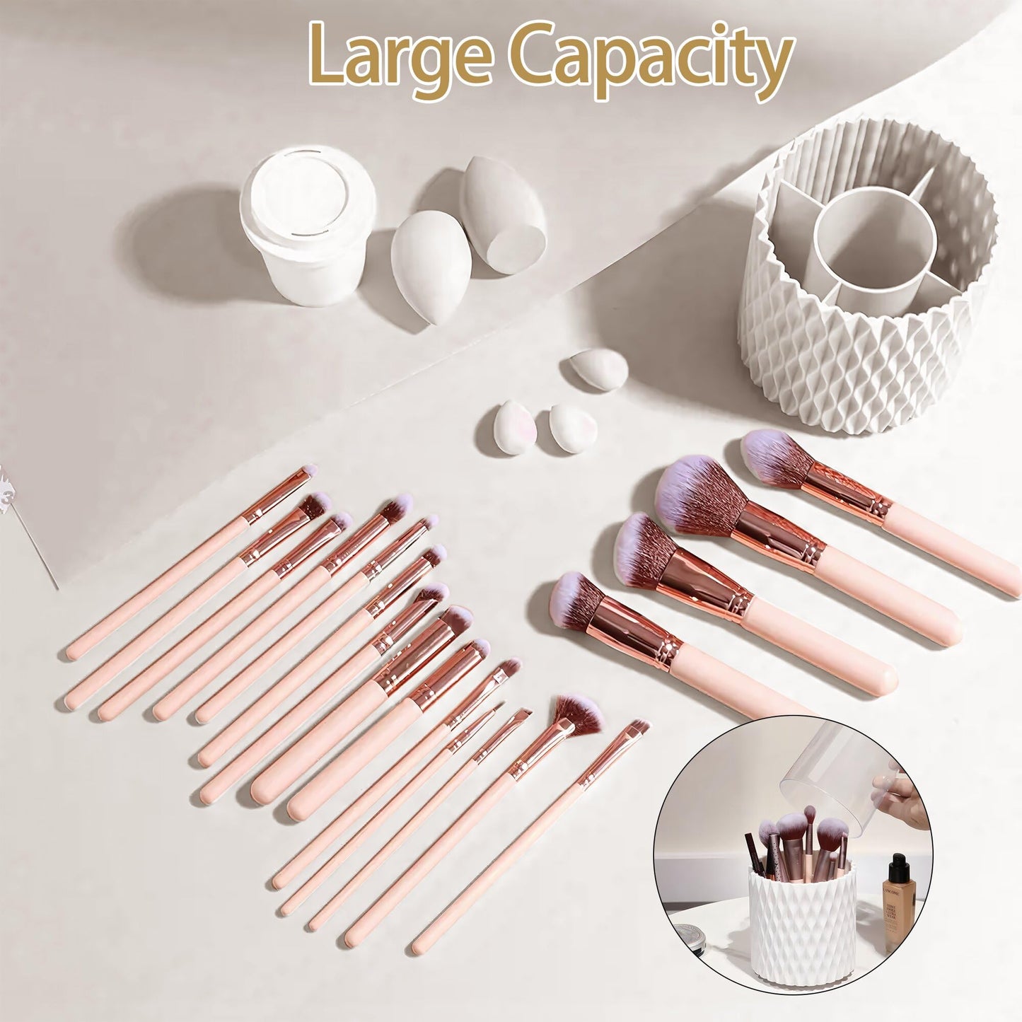 VORA Makeup Brush Holder, 360° Rotating Makeup Brush Organizer with 5 Slots, Clear Dustproof Makeup Brush Holder with Lid, Make Up Organizers for Vanity Bathroom Countertop