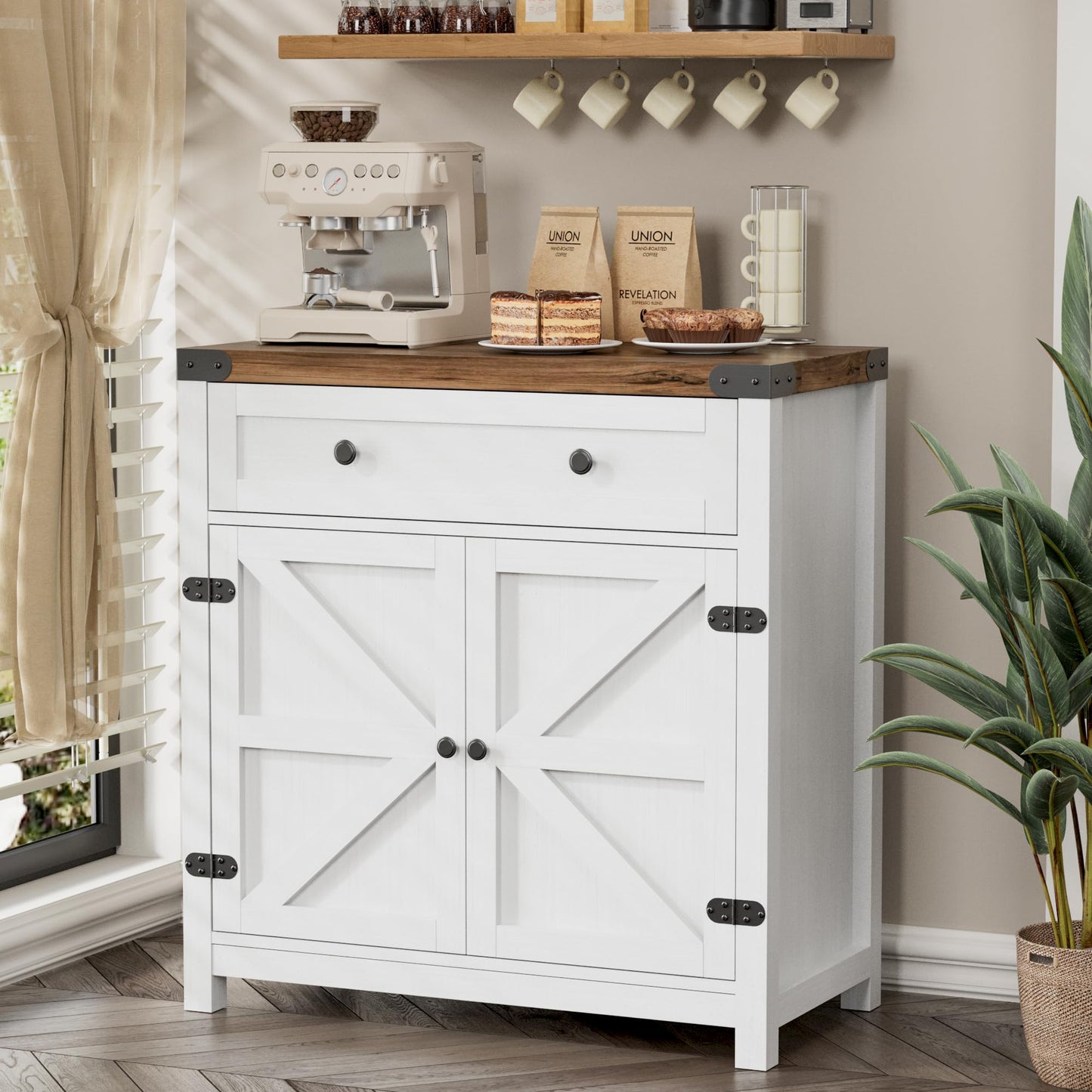 YESHOMY Kitchen Storage Cabinet, Coffee Bar Cabinet, Farmhouse Sideboard Buffet with Storage, Barn Door Accent Cabinet with a Drawer and Adjustable Shelf for Dining Room, Entryway, White&Brown, 1PCS