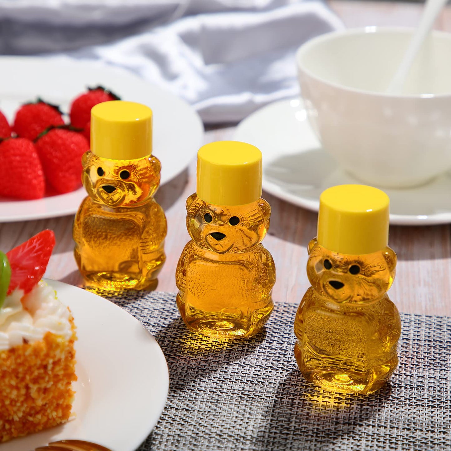 Patelai 48 Pcs 2 oz Plastic Honey Bear Bottle Clear Empty Honey Containers Bulk Reusable Mini Cup Jars with Lids Juice Bottle for Holidays Baby Shower Gifts(Yellow)