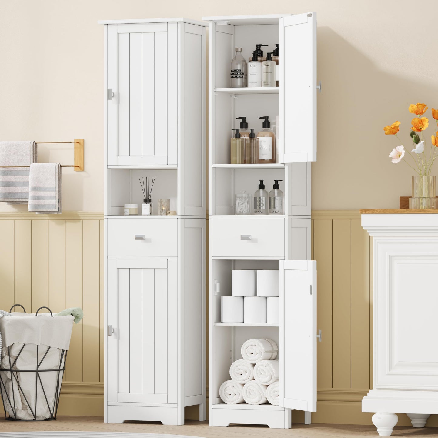 Akxoml Tall Bathroom Storage Cabinet with 2 Doors, 67" H Narrow Floor Cabinet with Adjustable Shelves and Drawer, Anti-Tip Design, 11.0 x 12.6 x 66.9 Inches, for Bathroom, Kitchen，Entryway, White