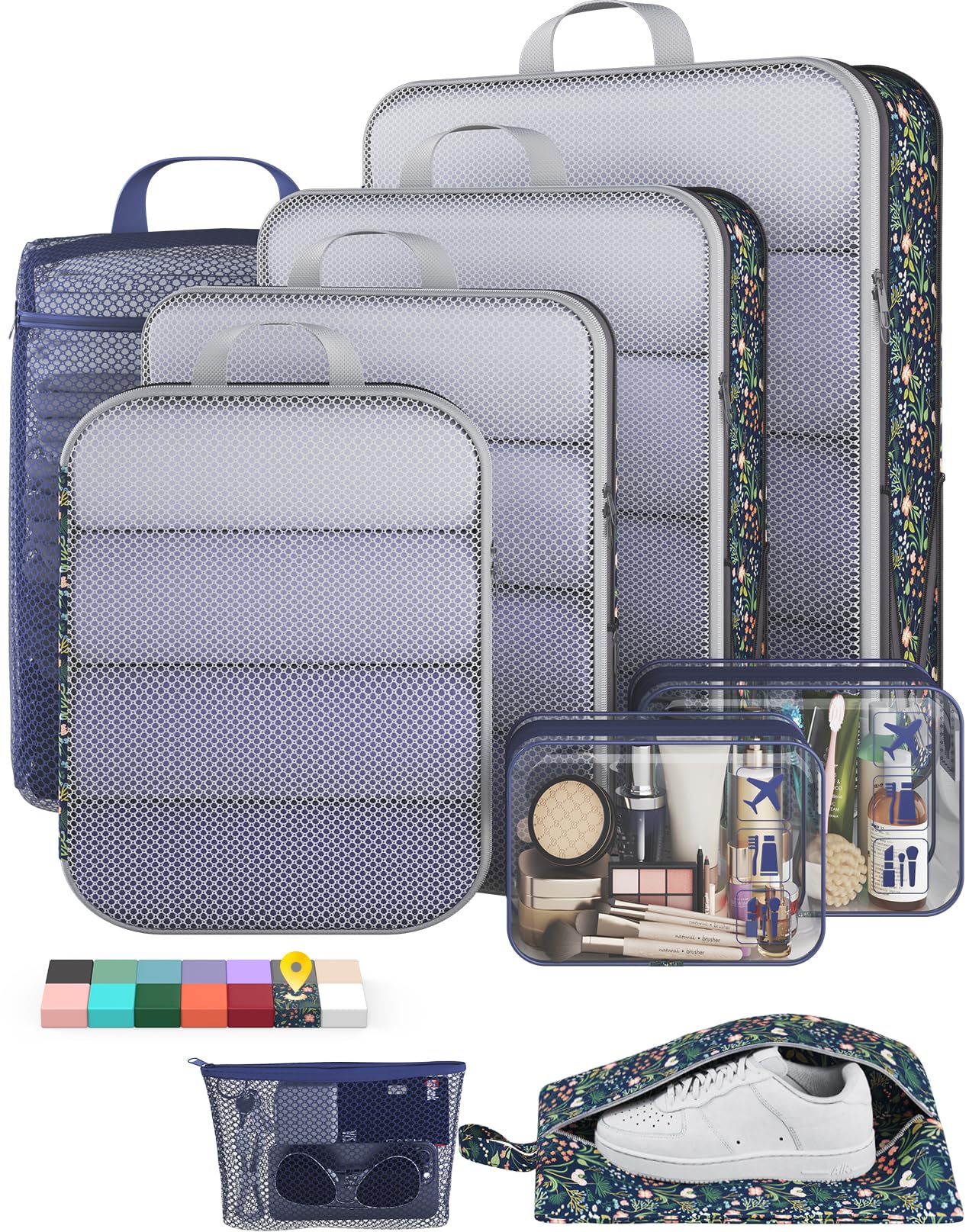 Veken 9/11 Set Compression Packing Cubes for Travel Essentials,Compressible Expandable Luggage Suitcase Organizer Bags for Clothing,Space Saver Bags with Over 1000 pcs of Mesh Holes(Dark Blue Floral)