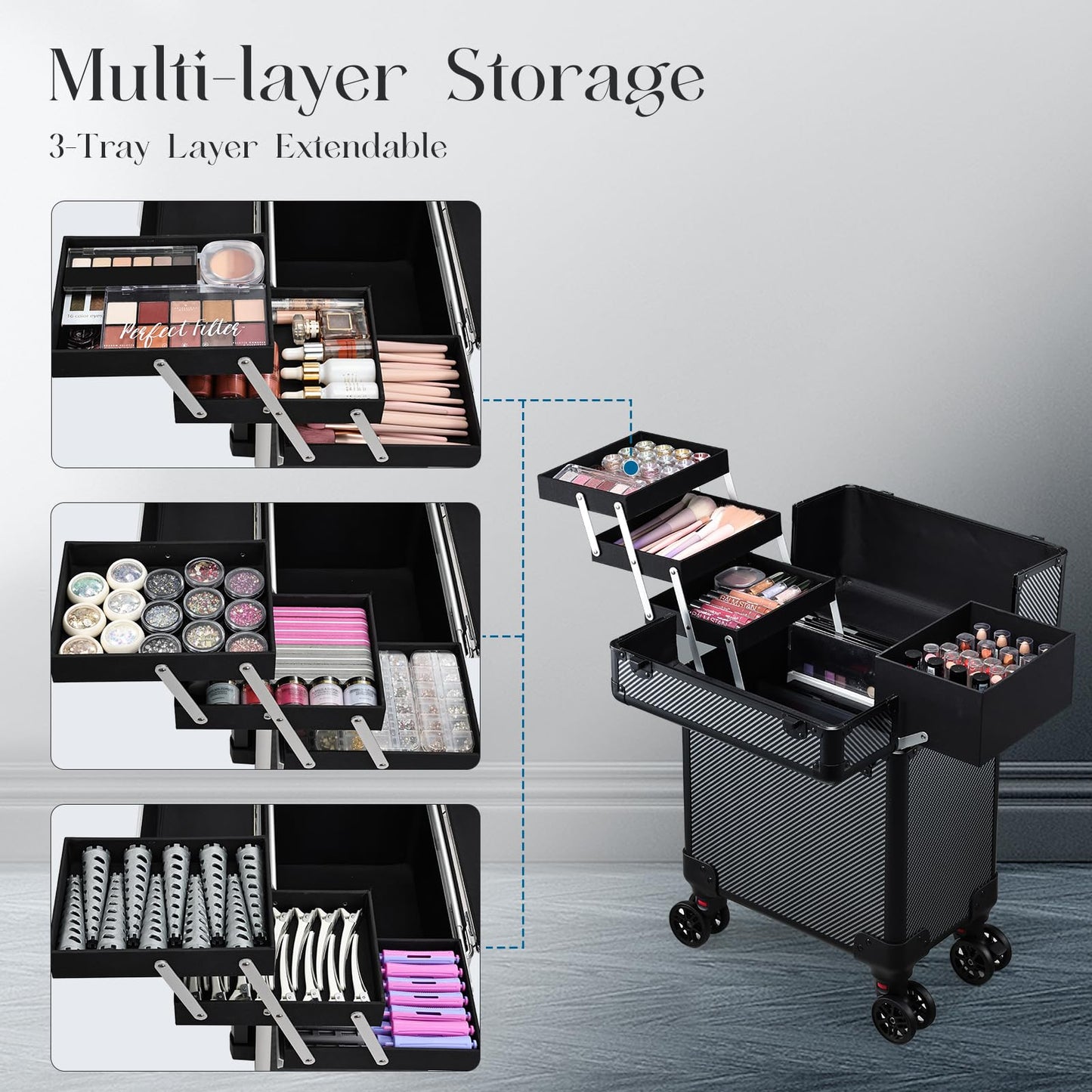 Mecucasi Rolling Makeup Case, Cosmetology Case on Wheels Professional Vanity Case with Trays for Women Large Travel Makeup Box Organizer Trolley with Key, Ashy Grey