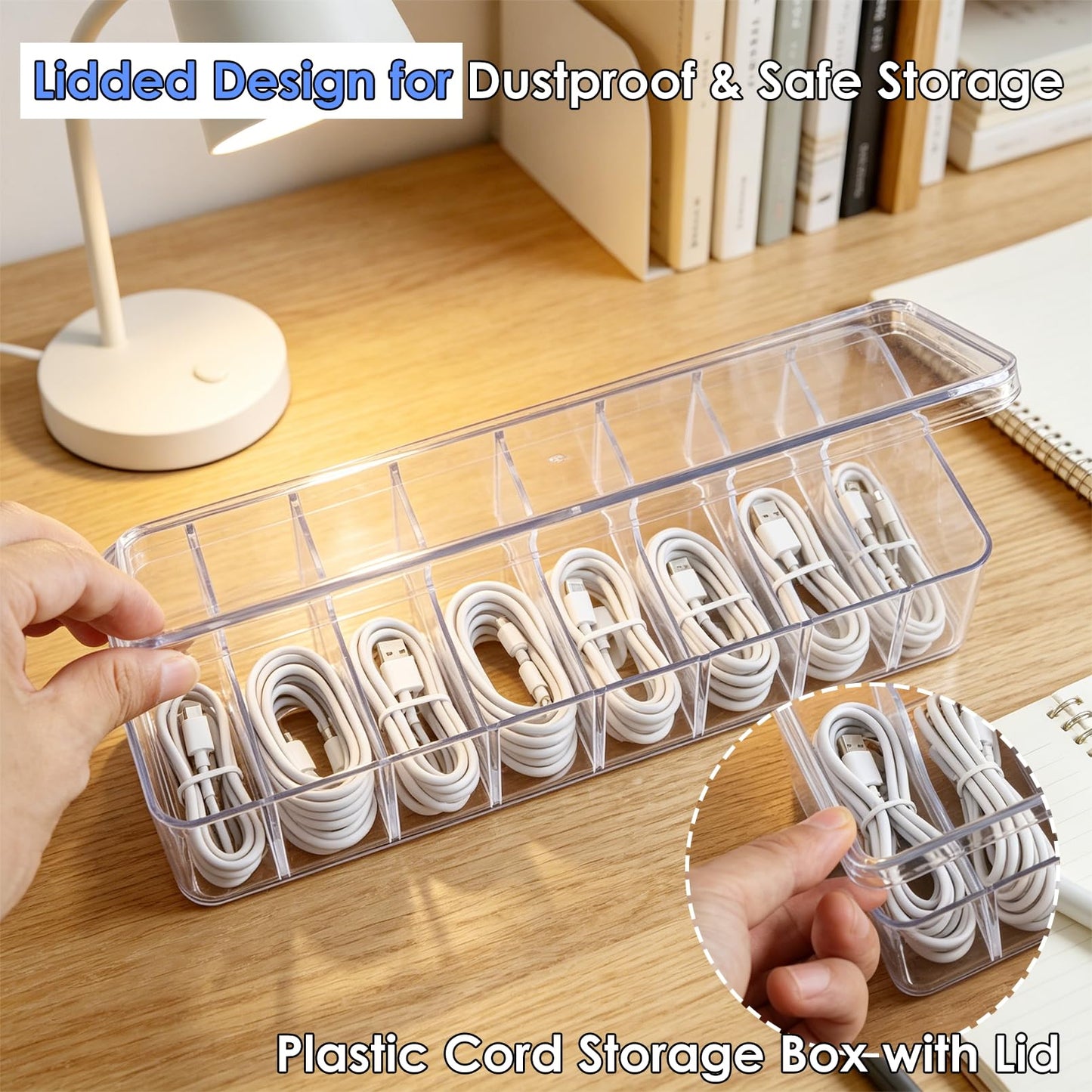 Dyrfolm 3 Pcs Cable Organizer Box with Lid,Clear Plastic Cord Storage Box with 8 Compartments and 21 Wire Ties, Electronics Organizer for Home Office Drawer Desk Accessories