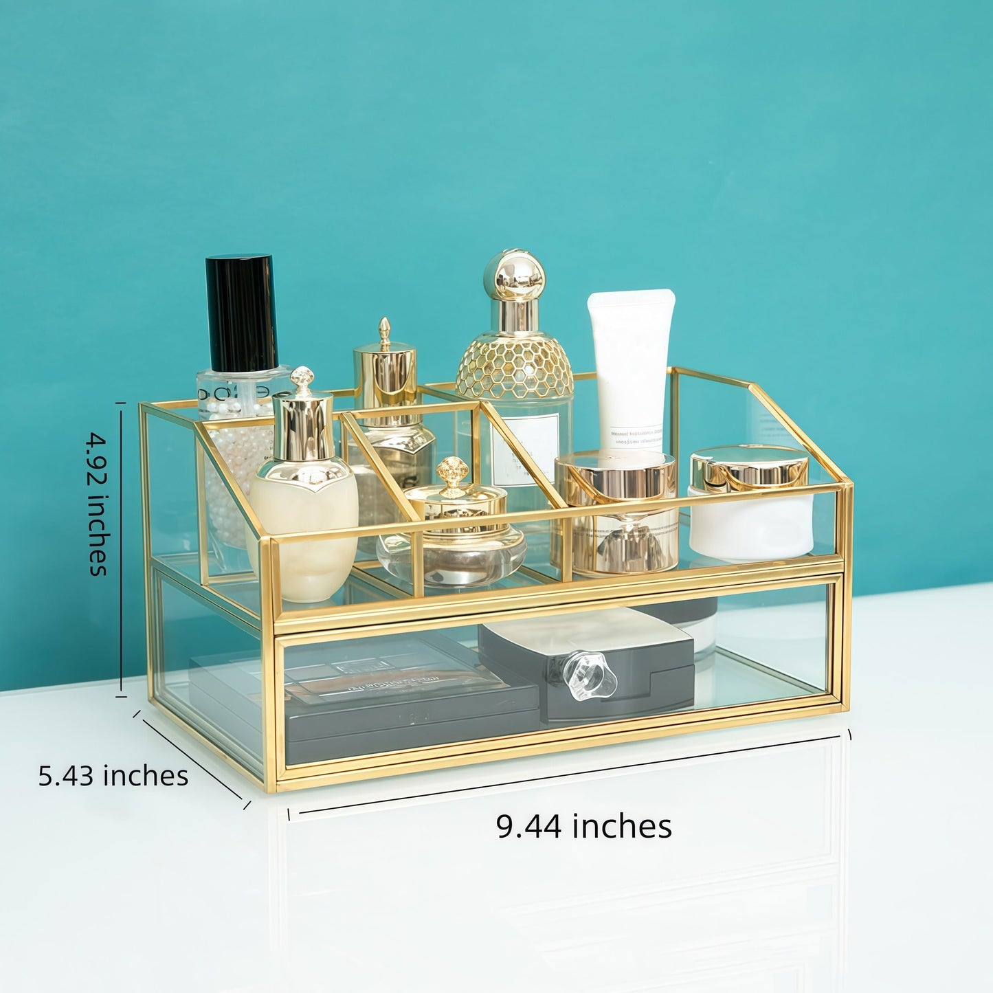 JIARI Glass Makeup Organizer with Drawer, Gold Brass Frame Jewelry Display Box, Nordic Style Cosmetic Storage for Vanity Bathroom Bedroom Office, 9.44x5.43x4.92 Inches (Storage Box-2 Tier)