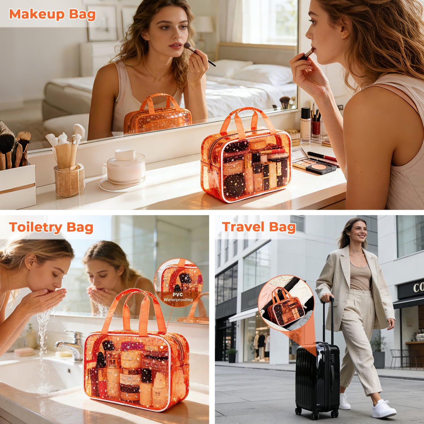 Junesters Clear Orange Star Large Makeup Bag with Star Pattern 12x5x8 inch, Travel Cosmetic Bag with Handle, Durable PVC Material Washbag Zipper Opening Design for Makeup Travel Organizer or Gym Use