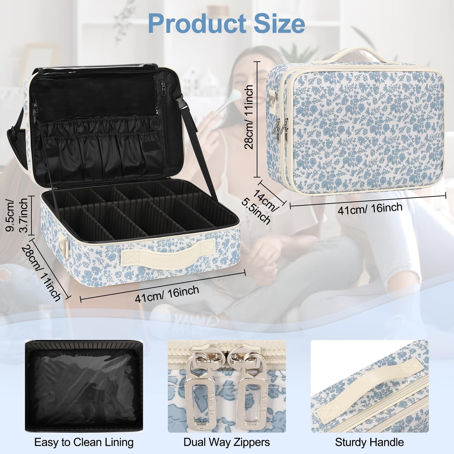 Relavel Large Makeup Bag, Floral Cosmetic Bag for Women, Professional Travel Train Case Portable Makeup Artist Bag Make Up Storage Organizer Box with Adjustable Dividers and Makeup Brush Compartment
