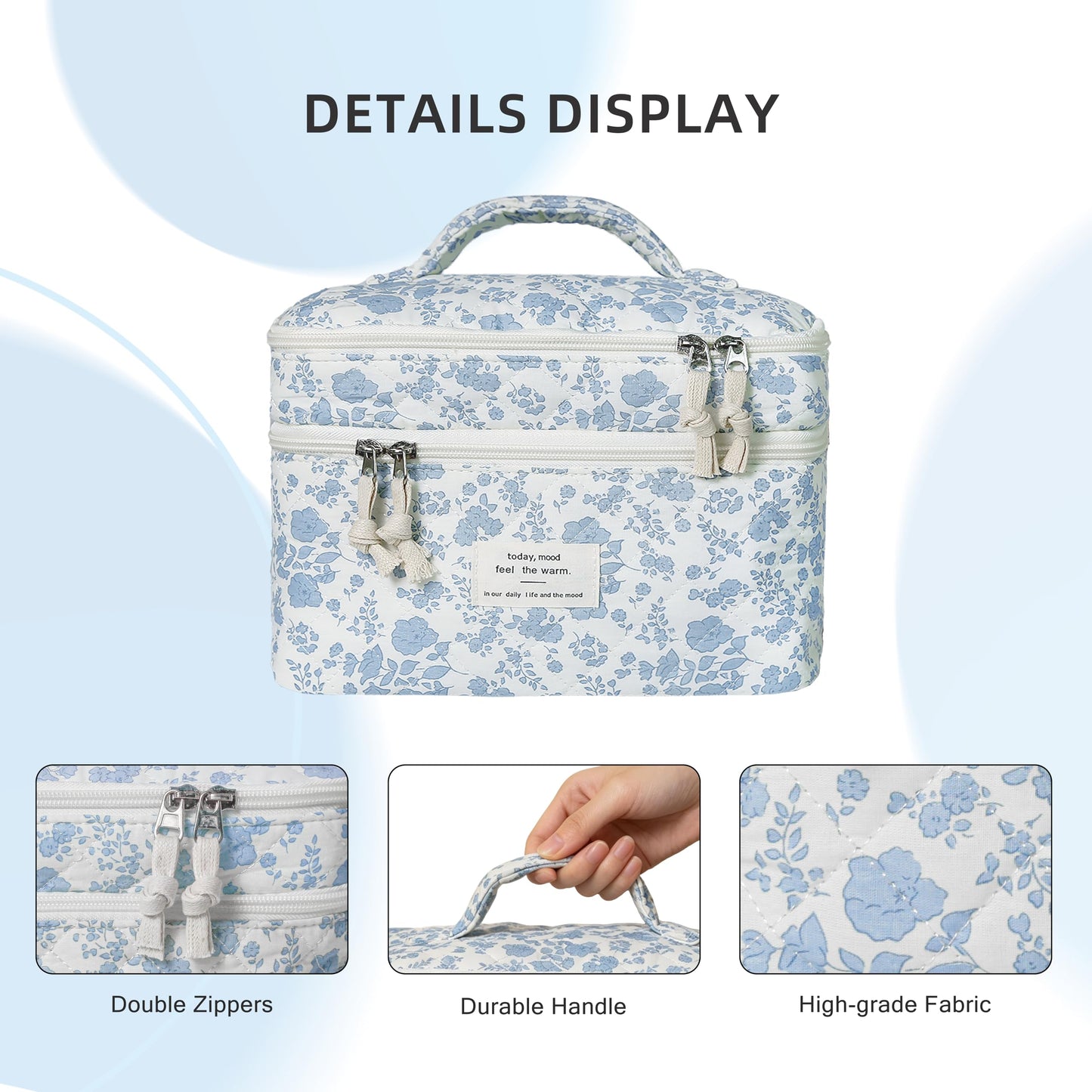 Gosect Quilted Floral Makeup Bag, Double Layer Large Capacity Cosmetic Bag with Compartments, Cute Coquette Aesthetic Toiletry Bag, Portable Travel Organizer with Dividers for Women Girls