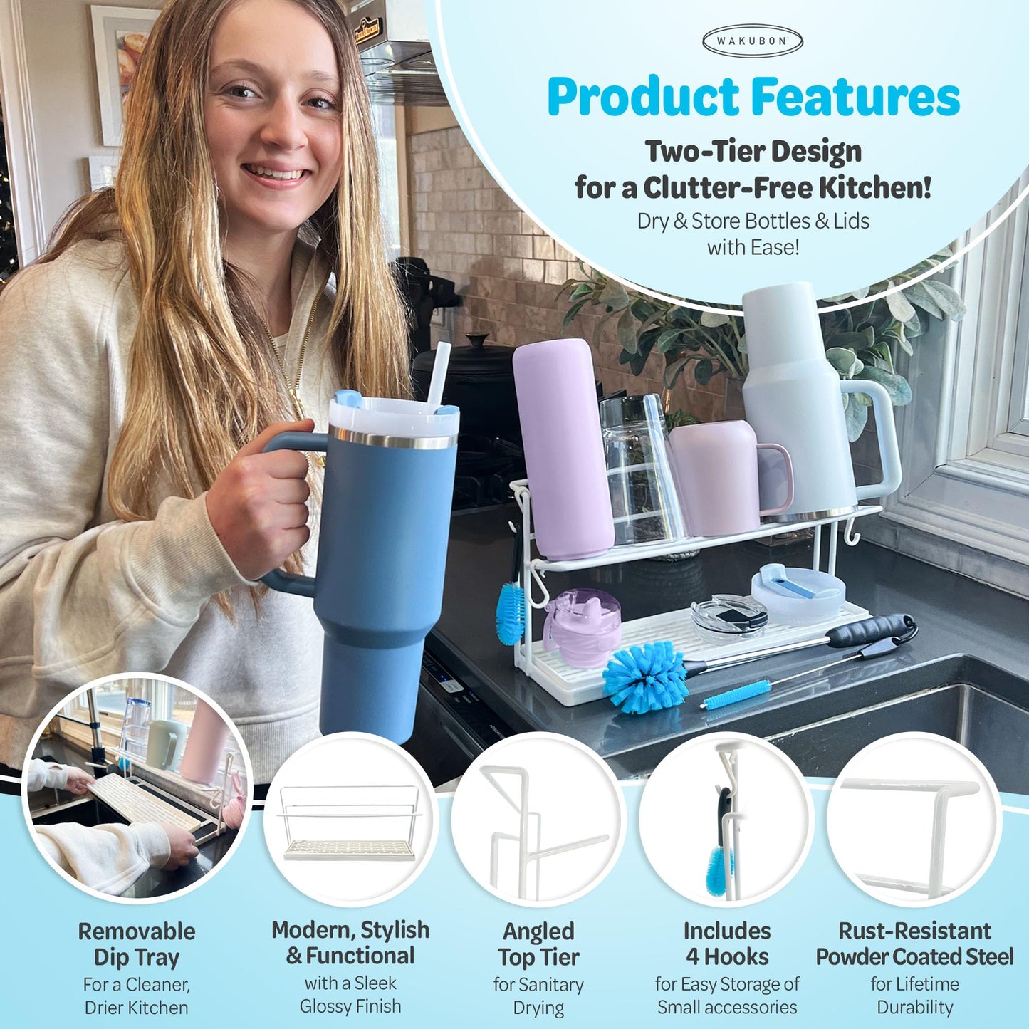 WAKUBON Water Bottle Drying Rack for Kitchen Counter – Cup Drying Rack, Tumbler, Mug & Glass Drying Rack Drying Rack, 2 Tier with Drain Tray and Cleaning Brush Set (White)