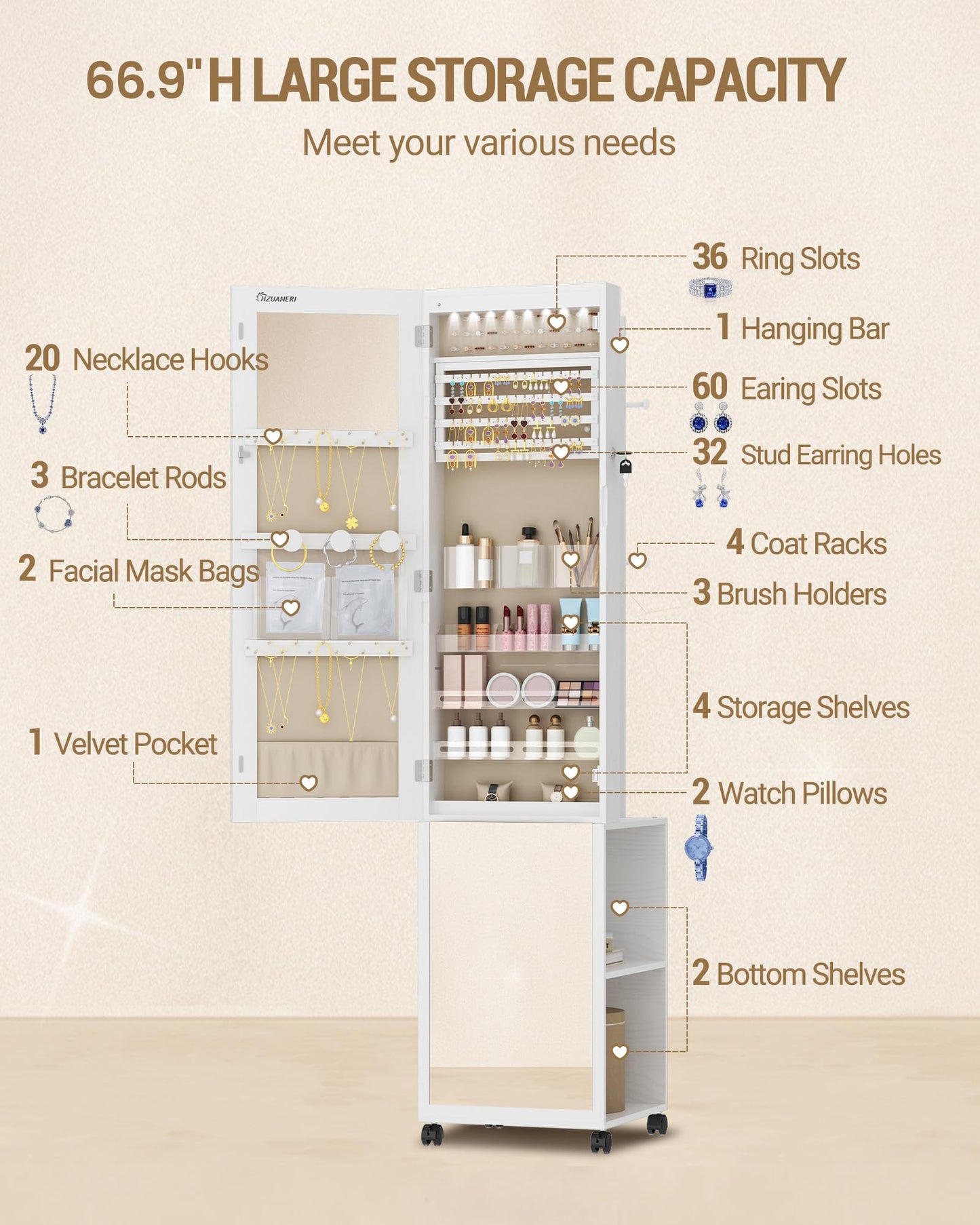 Hzuaneri 8 LEDs Jewelry Cabinet Armoire, 66.9-inch Jewelry Organizer with Garment Rack, Lockable Full-length Mirror with 4 Wheels, Storage Shelves with Hooks, 5-in-1, White and Beige JC17003BE