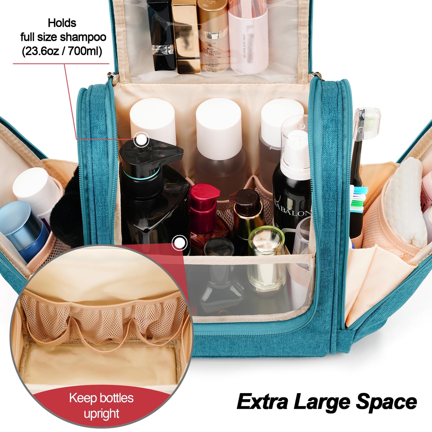 COOSKY Hanging Travel Toiletry Bag for Women and Men, 6 Organizer Compartments, Large Toiletries essentials, Bathroom Cosmetic Accessories, Water-resistant Makeup Bag, Holds Full-Size Shampoo, Blue