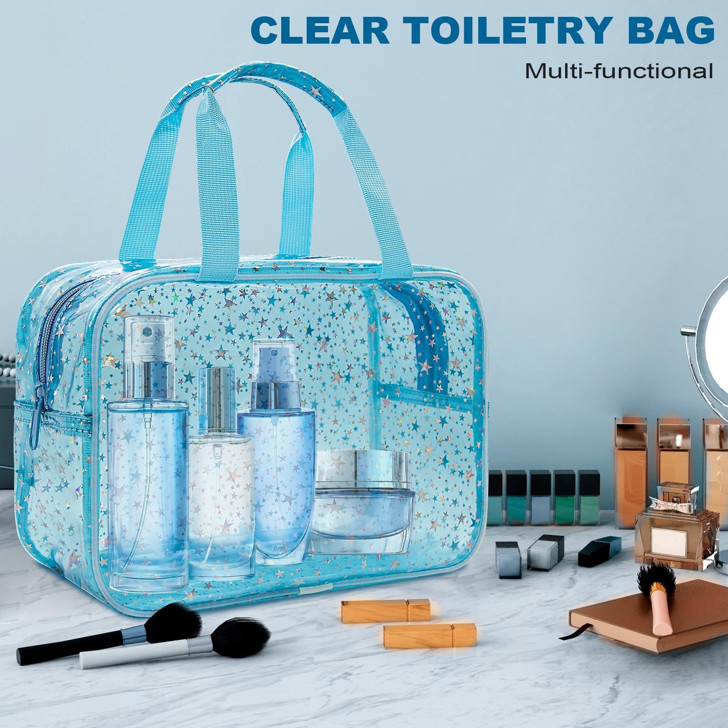 Junesters Clear Blue Star Large Makeup Bag with Star Pattern 12x5x8 inch, Travel Cosmetic Bag with Handle, Durable PVC Material Washbag Zipper Opening Design for Makeup Travel Organizer or Gym Use