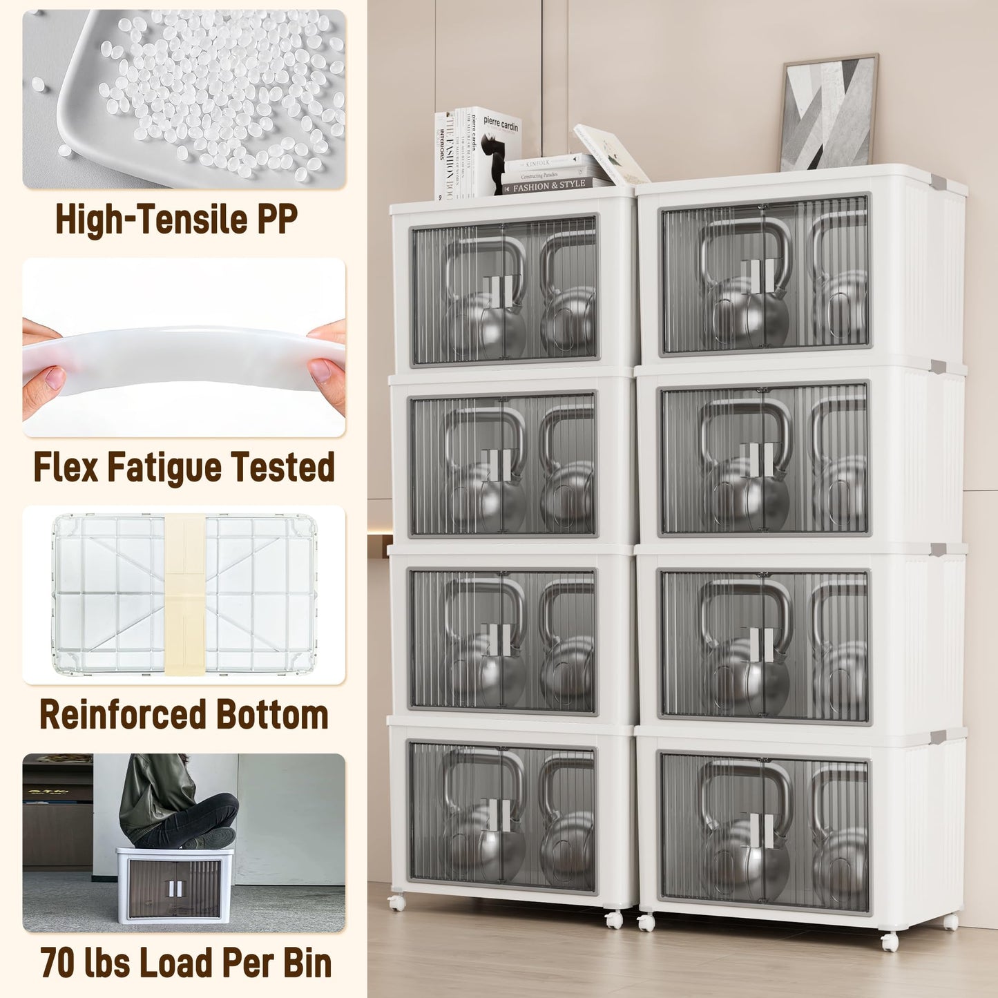 pupustar Folding Storage Bins with Lids, 4-Pack Top & Front Opening Stackable Organizer, Total 280qt, for Bedroom Living Room Kitchen Office Bathroom, White, 22"x13.6"x13.8" Each