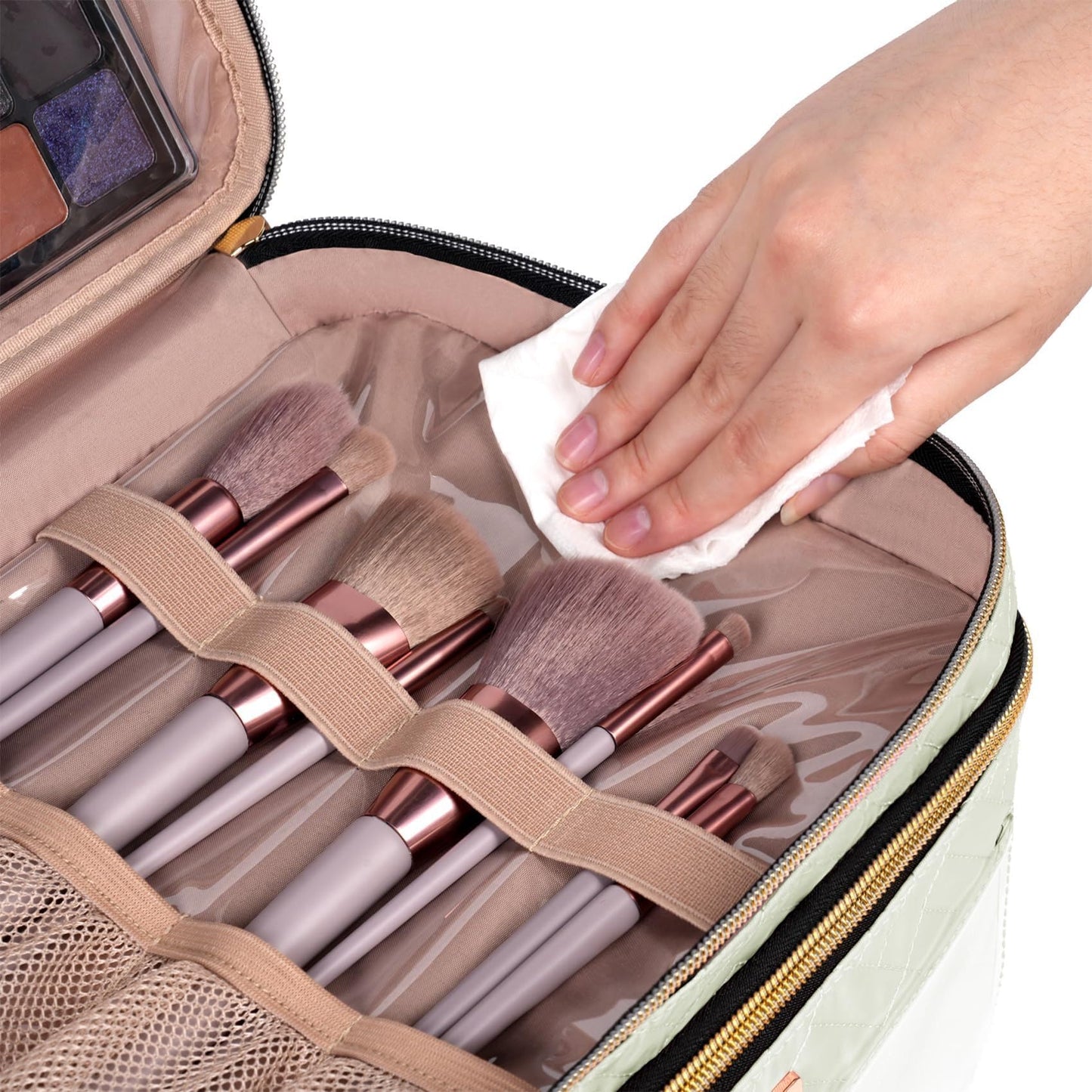BAFAMYE 8.8L Double Layer Travel Makeup Bag Women, Large Cosmetic Case, Organizer for Travel-Size Accessories Bottles, Brushes, and Skin Care Products, Beige 2.33 GAL