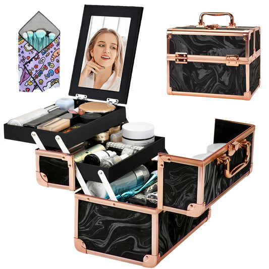 GALHUBIS Makeup Train Case, Portable Makeup Case with Mirror, 2-Trays Cosmetic Organizer Case,Nail Polish Organizer, Travel Makeup Box, Profesional for Salon Barber, Rose Gold Black