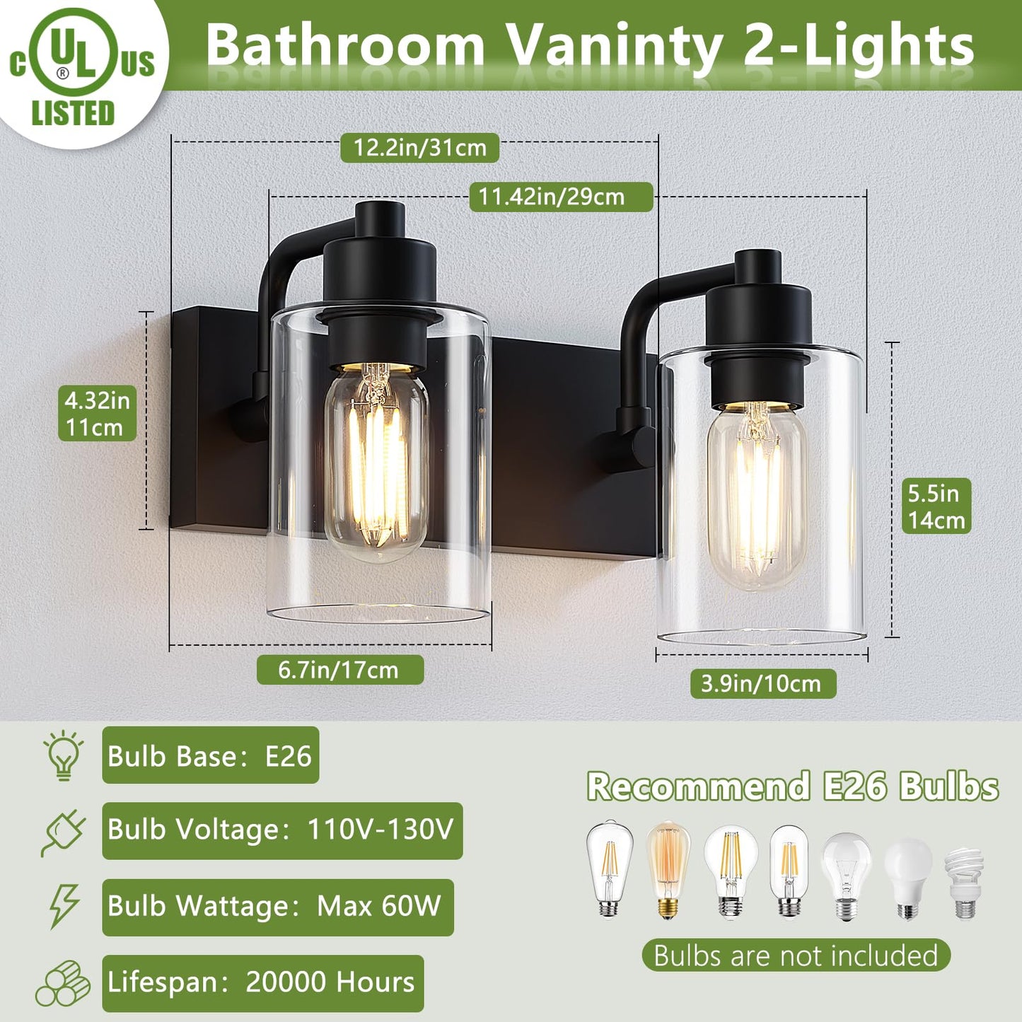 Dpyrrhic Matte Black 2-Light Bathroom Lights Over Mirror with Clear Glass Shade, Modern Bathroom Light Fixtures for Kitchen Living Room Bedroom Laundry Room