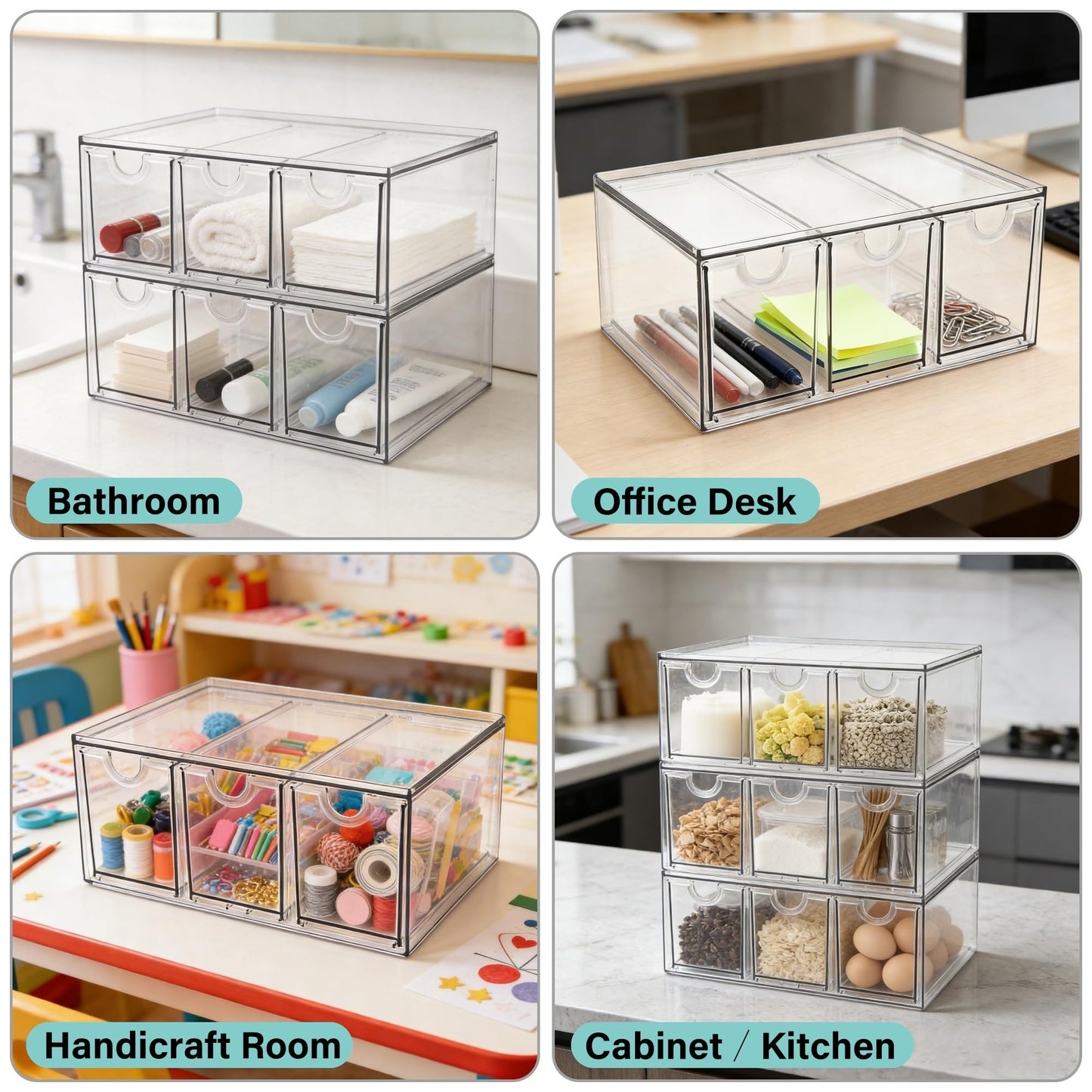 Prsildan Acrylic Makeup Organizer, 2 Pack Stackable Storage Drawers with 6 Drawers for Office Desk Vanity Craft Room Clear Drawer Organizers for Hair Accessories Art Supplies Cosmetics Modular System