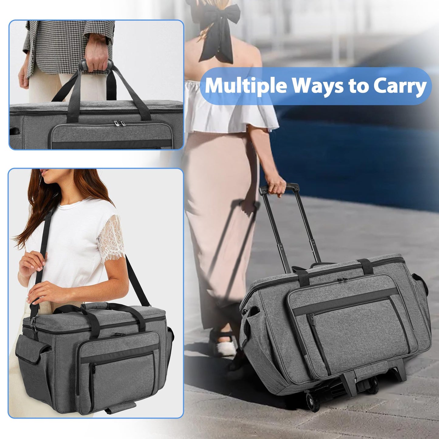 CURMIO Sewing and Embroidery Machine Carrying Case with Wheels, Rolling Embroidery Machine Tote Bag with Bottom Support Board Compatible with Brother SE600, PE535 Embroidery Machine, Gray