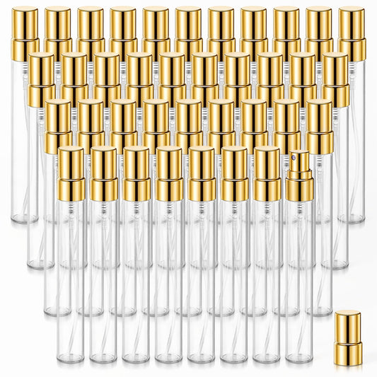 IMengjbang 50Pcs 10ml Mini Spray Bottles, Empty Clear Glass Mist Spray Bottle Refillable Mini Perfume Atomizer Travel Sample Bottle Lids Fine Mist Perfume Atomizer Makeup Container